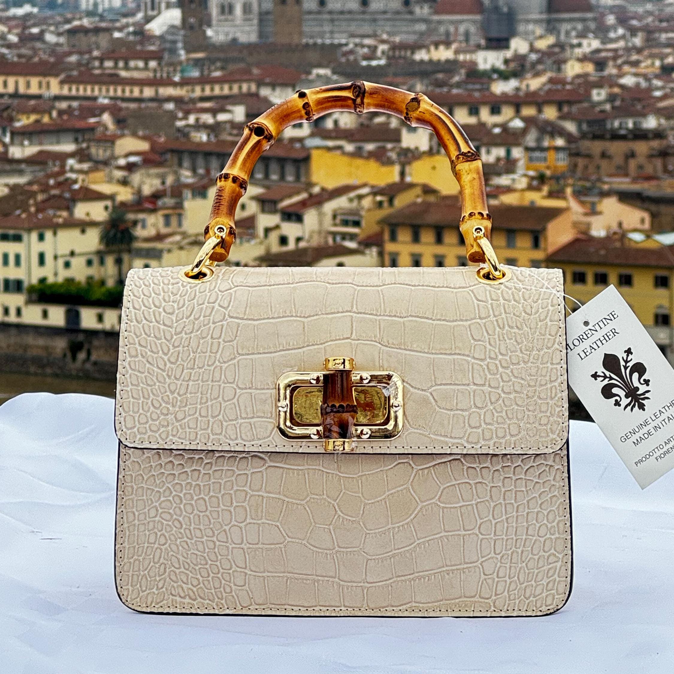 Elegant Italian Crocodile Leather Bag Women with Bamboo Handle | Genuine Leather Handbag made in Italy