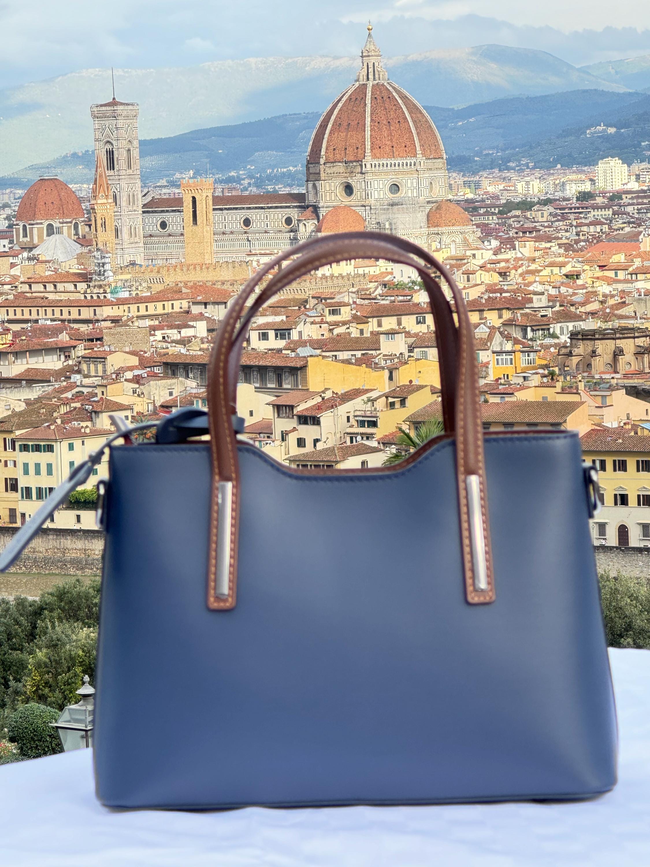 Elegant Italian Leather Handbag | Navy Blue Tote with Brown Handles - Chic Style from Florence