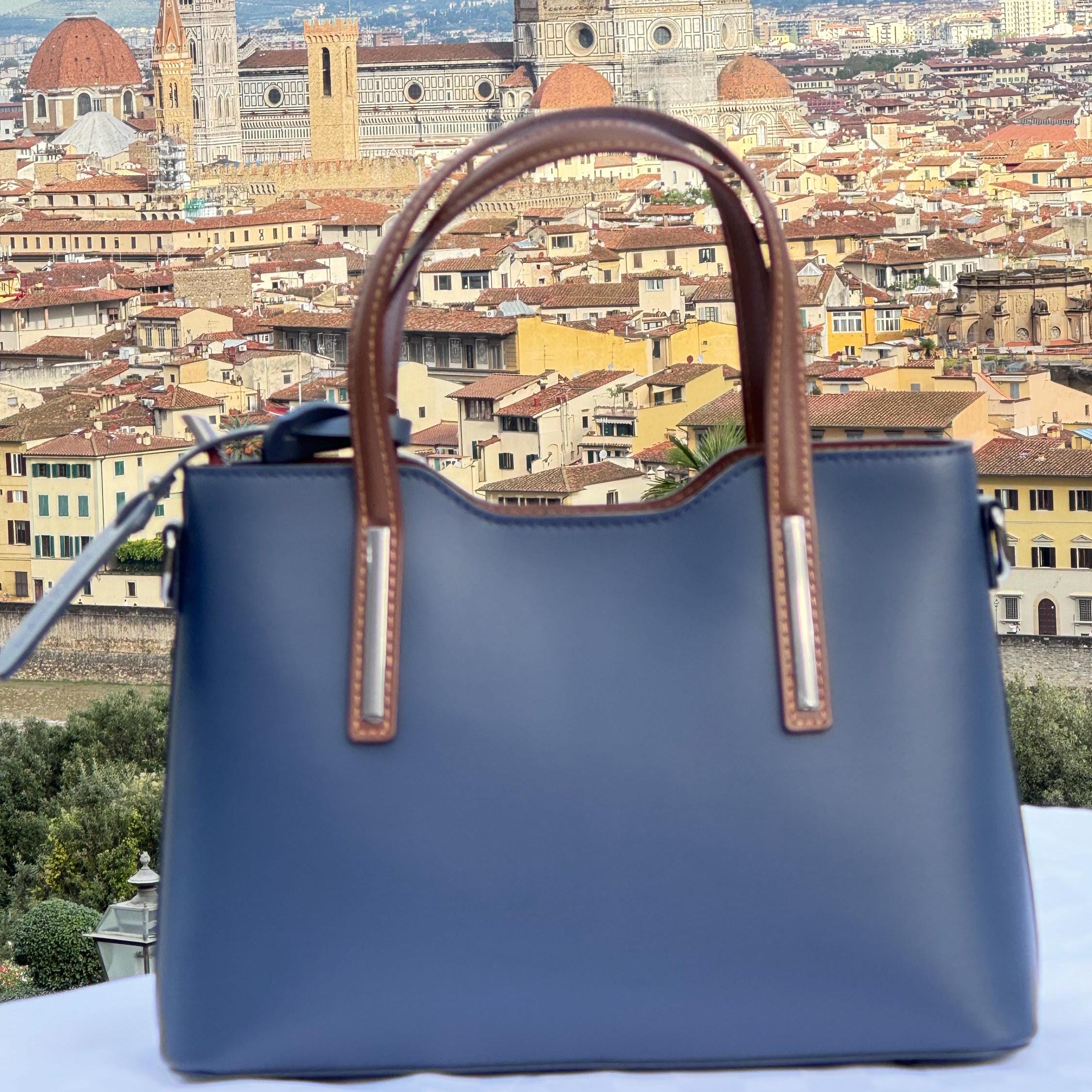 Elegant Italian Leather Handbag | Navy Blue Tote with Brown Handles - Chic Style from Florence