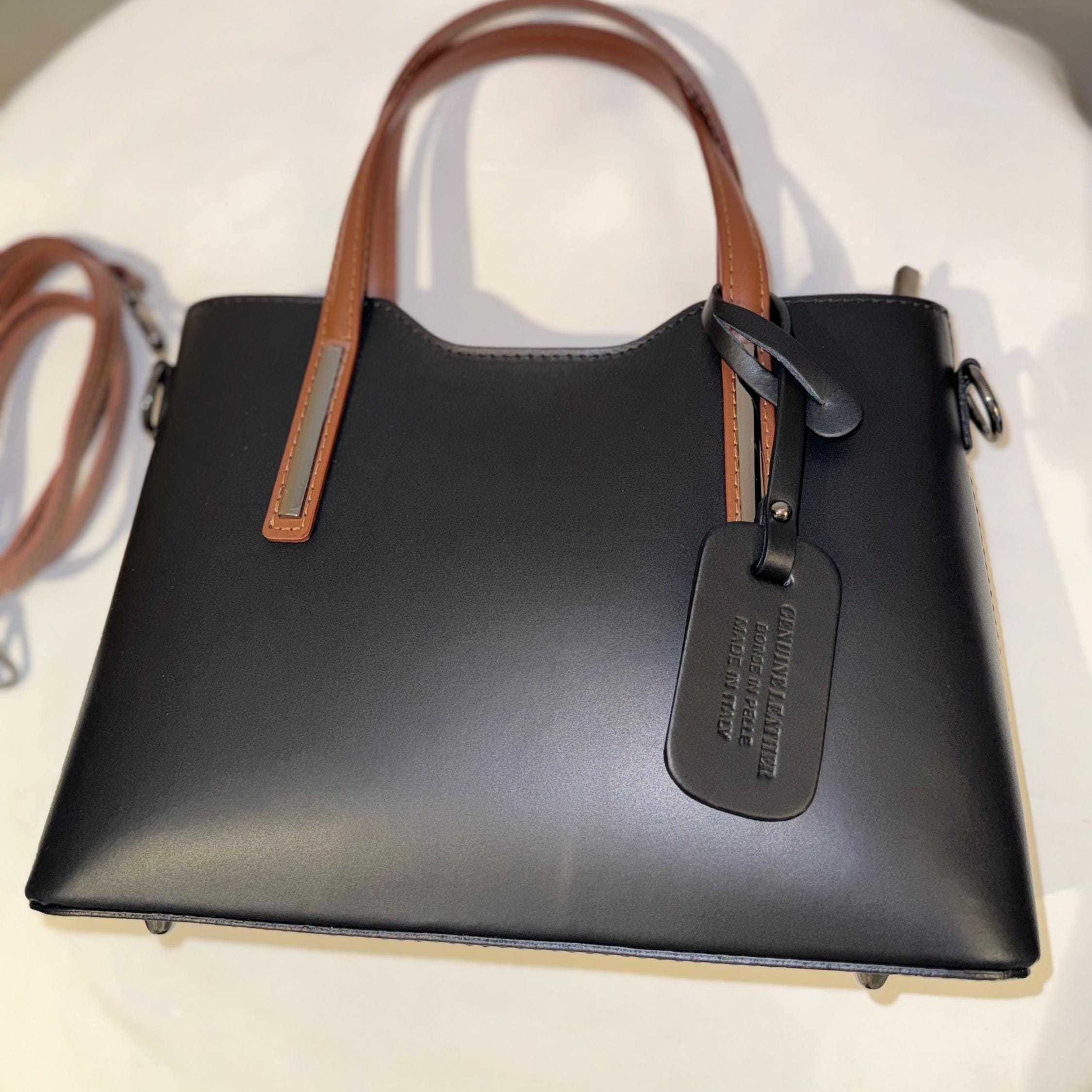 Elegant Italian Leather Handbag – Black with Brown Handles | Made in Italy