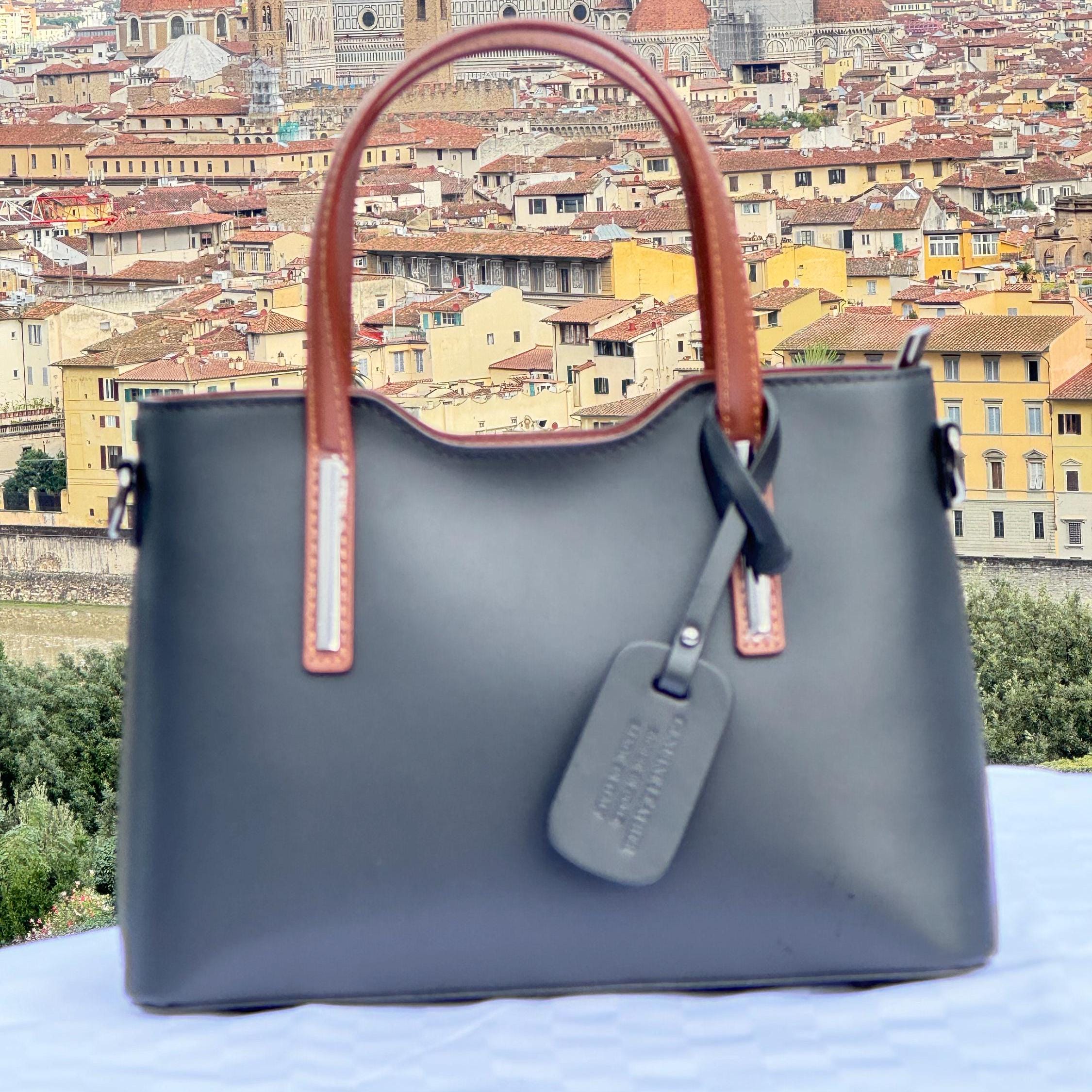 Elegant Italian Leather Handbag – Black with Brown Handles | Made in Italy