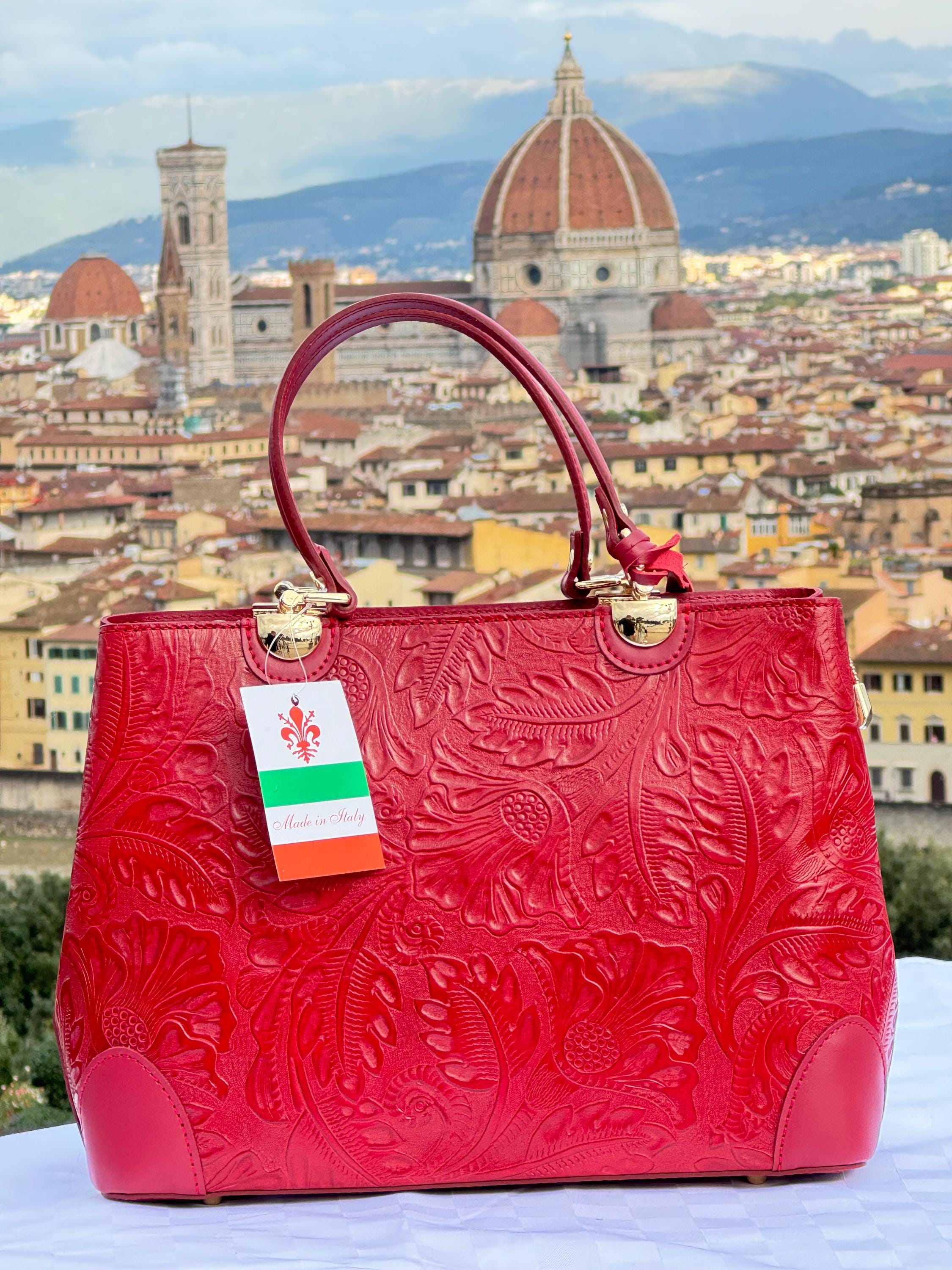 Elegant Flower Red Embossed Italian Leather Tote – Handcrafted in Florence –made in Italy