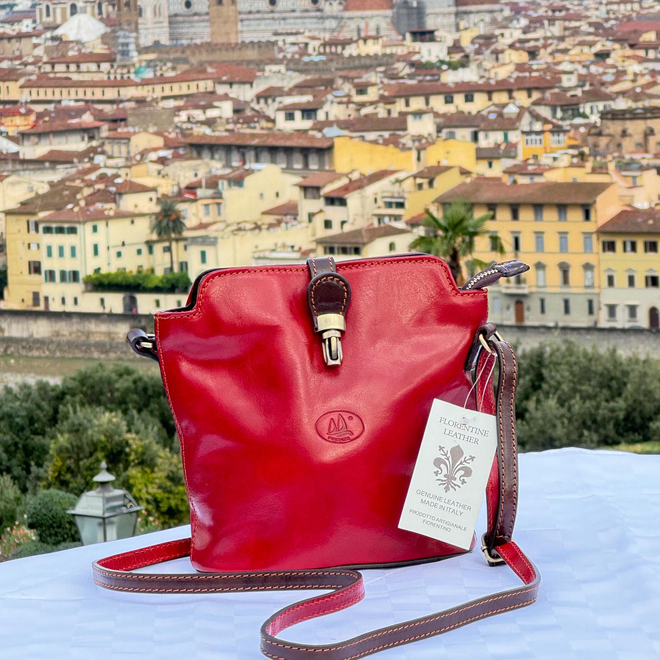 Handmade Italian Red Leather Crossbody Bag Women - Elegant Buckle Closure, Genuine Florentine made in Florence