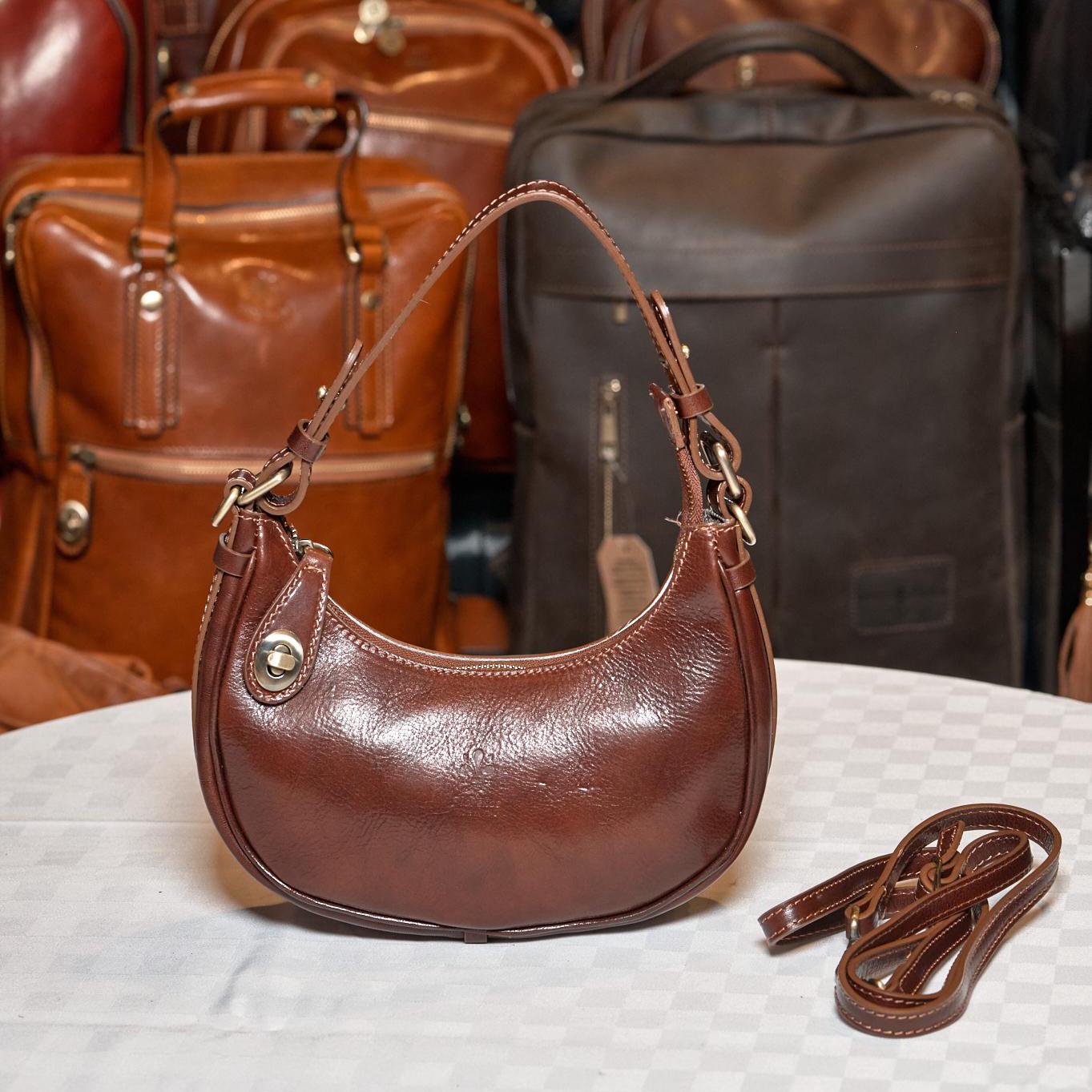 Elegant Handbag Italian Leather Crescent Shoulder Bag for Women - Classic Brown with Brass Accents