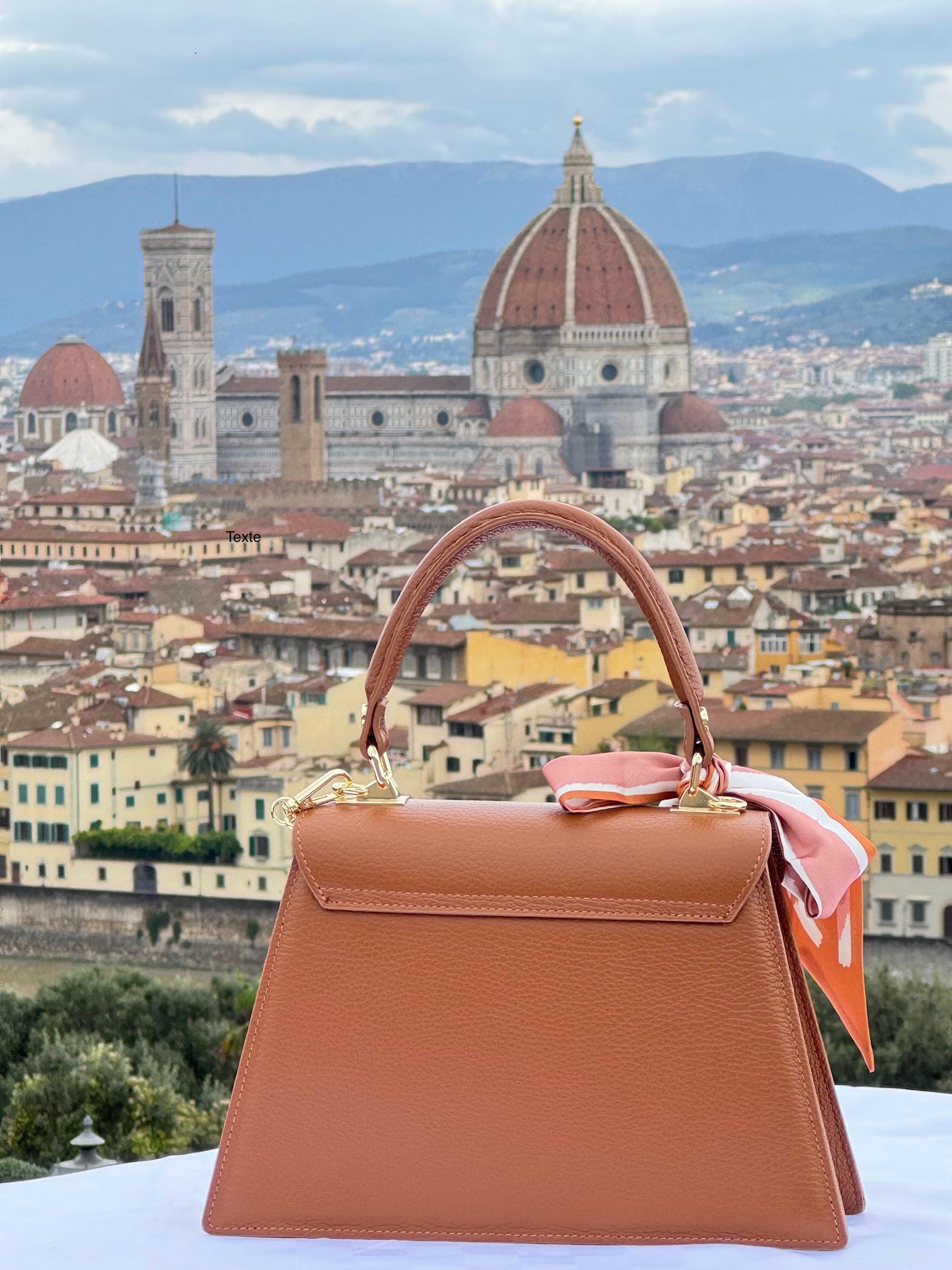 Italian Handmade Leather Bag for Women | Elegant Caramel Leather Tote from Florence | Made in Italy | Top Handle Bag