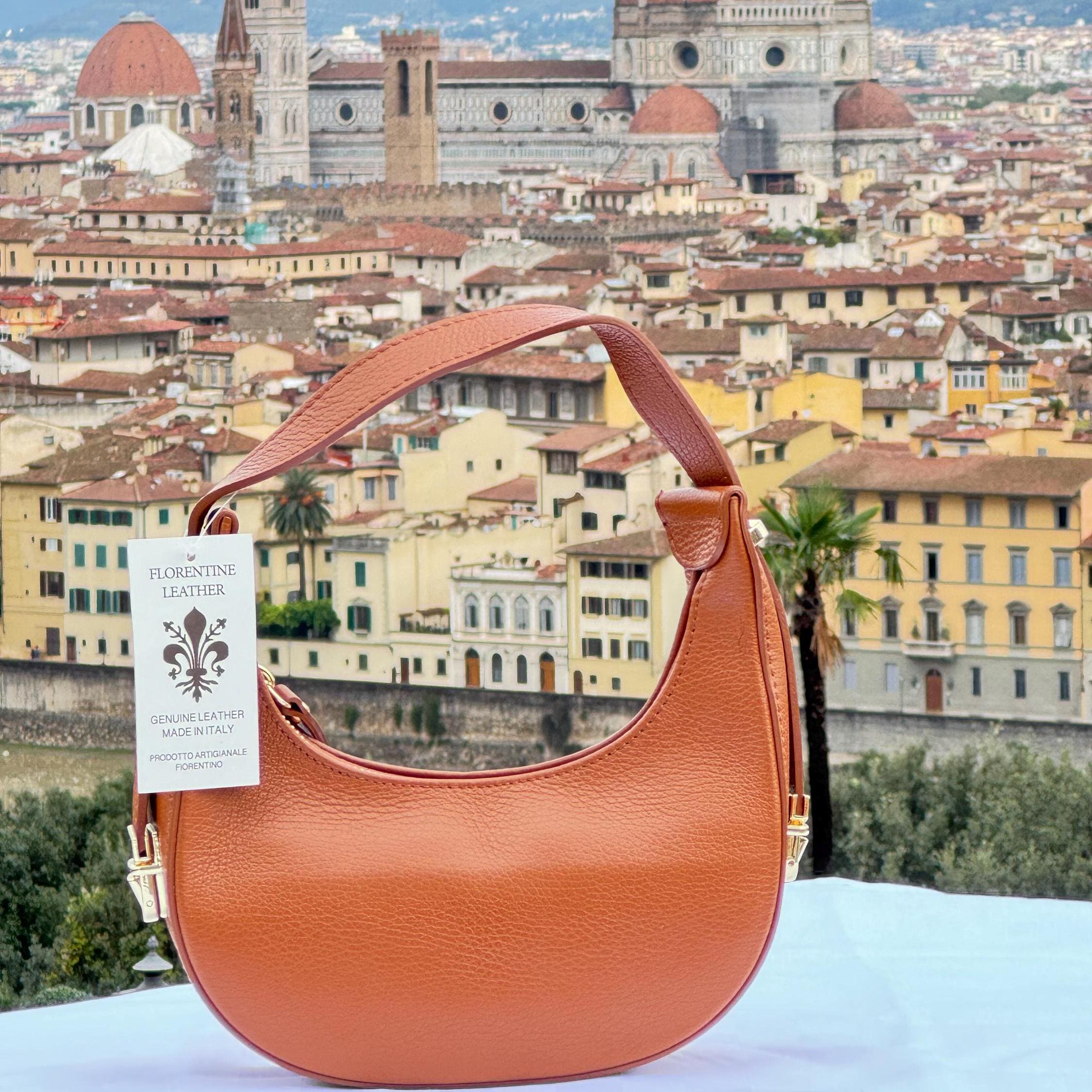 Italian Handmade Leather Bag for Women | Elegant Caramel Crescent Shoulder Bag from Florence | Made in Italy