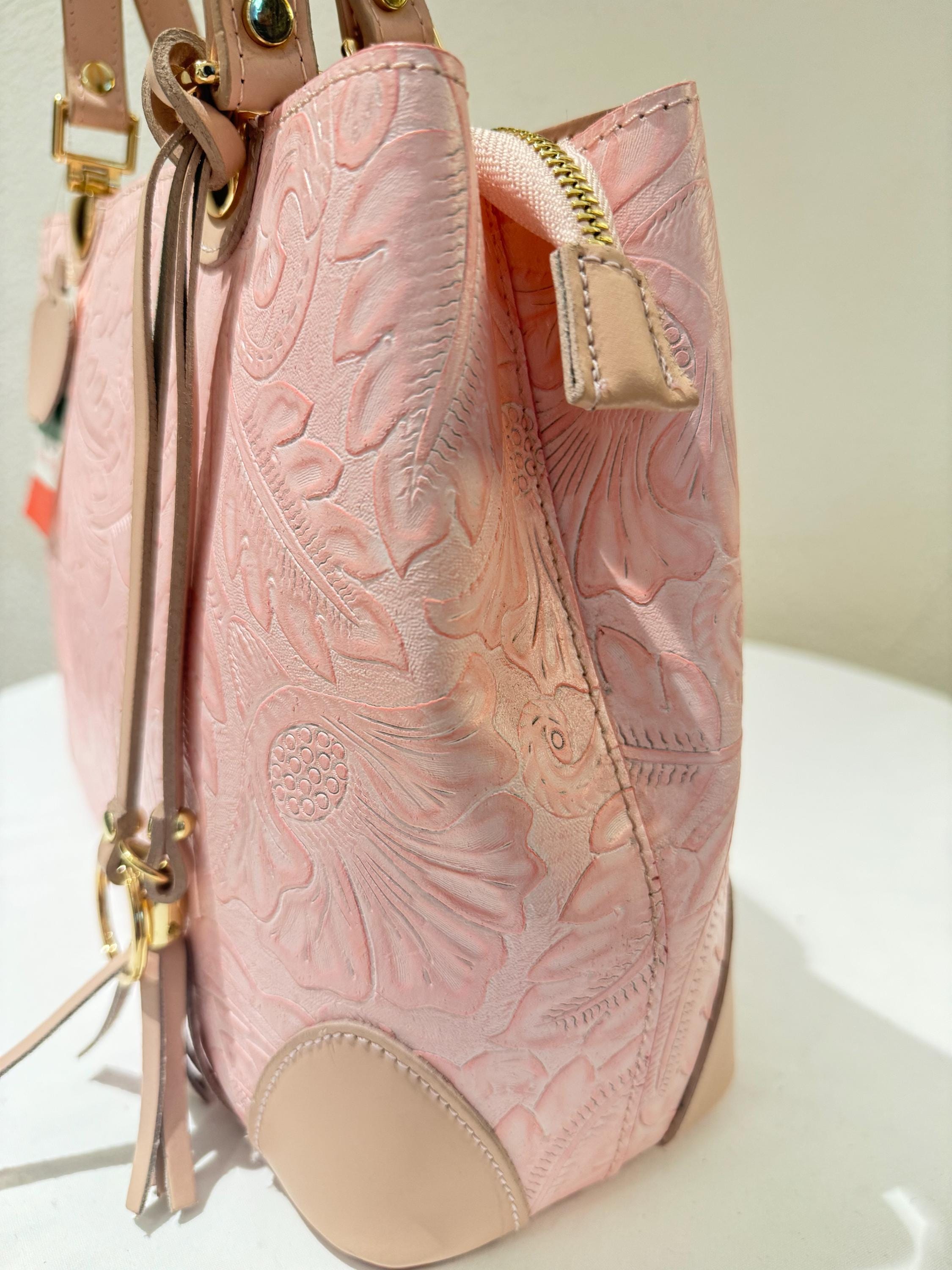 Italian Handmade Leather Bags For Women | Elegant Floral Embossed Tote From Florence, Pink Bag, Made in Italy