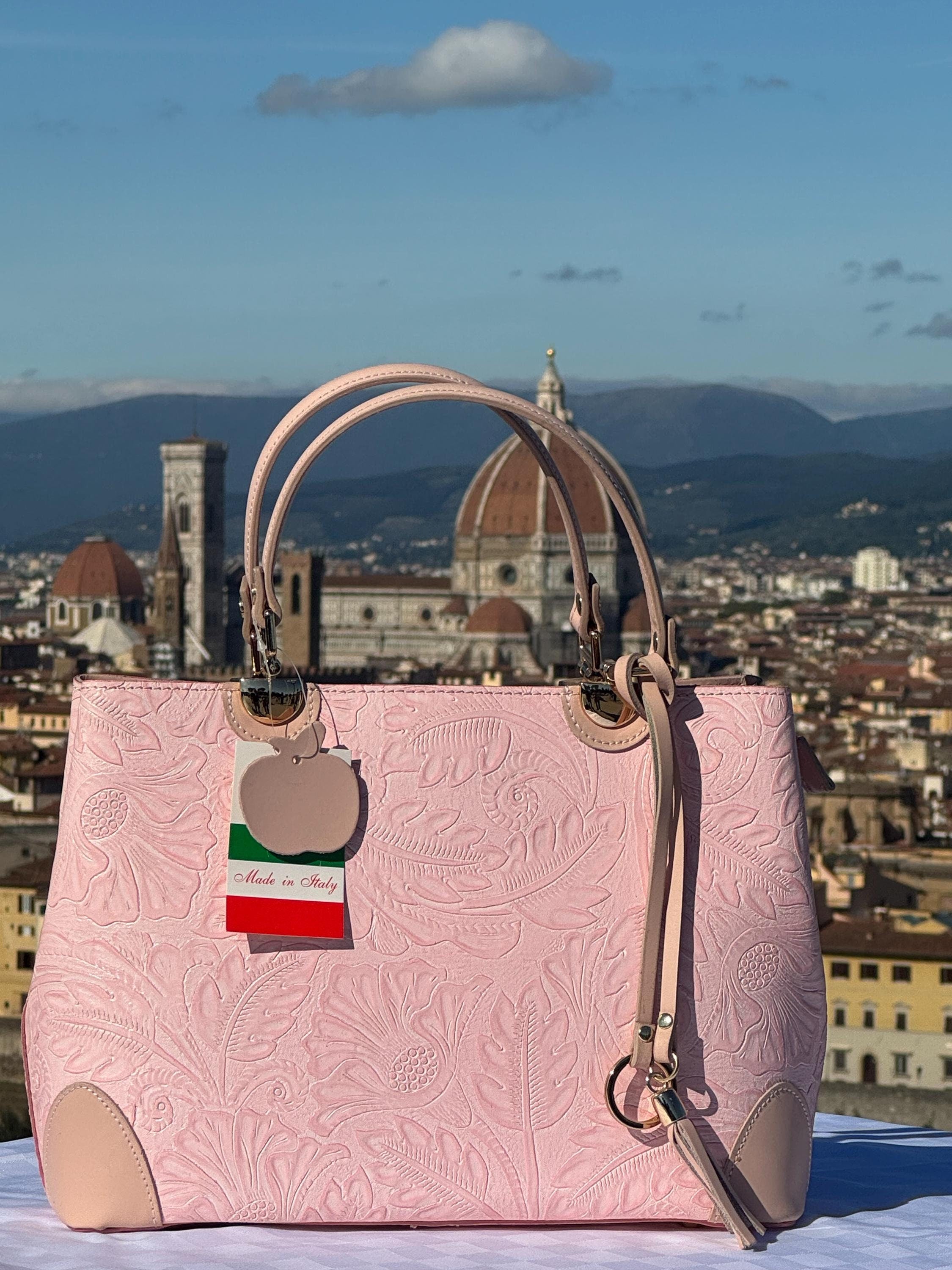 Italian Handmade Leather Bags For Women | Elegant Floral Embossed Tote From Florence, Pink Bag, Made in Italy