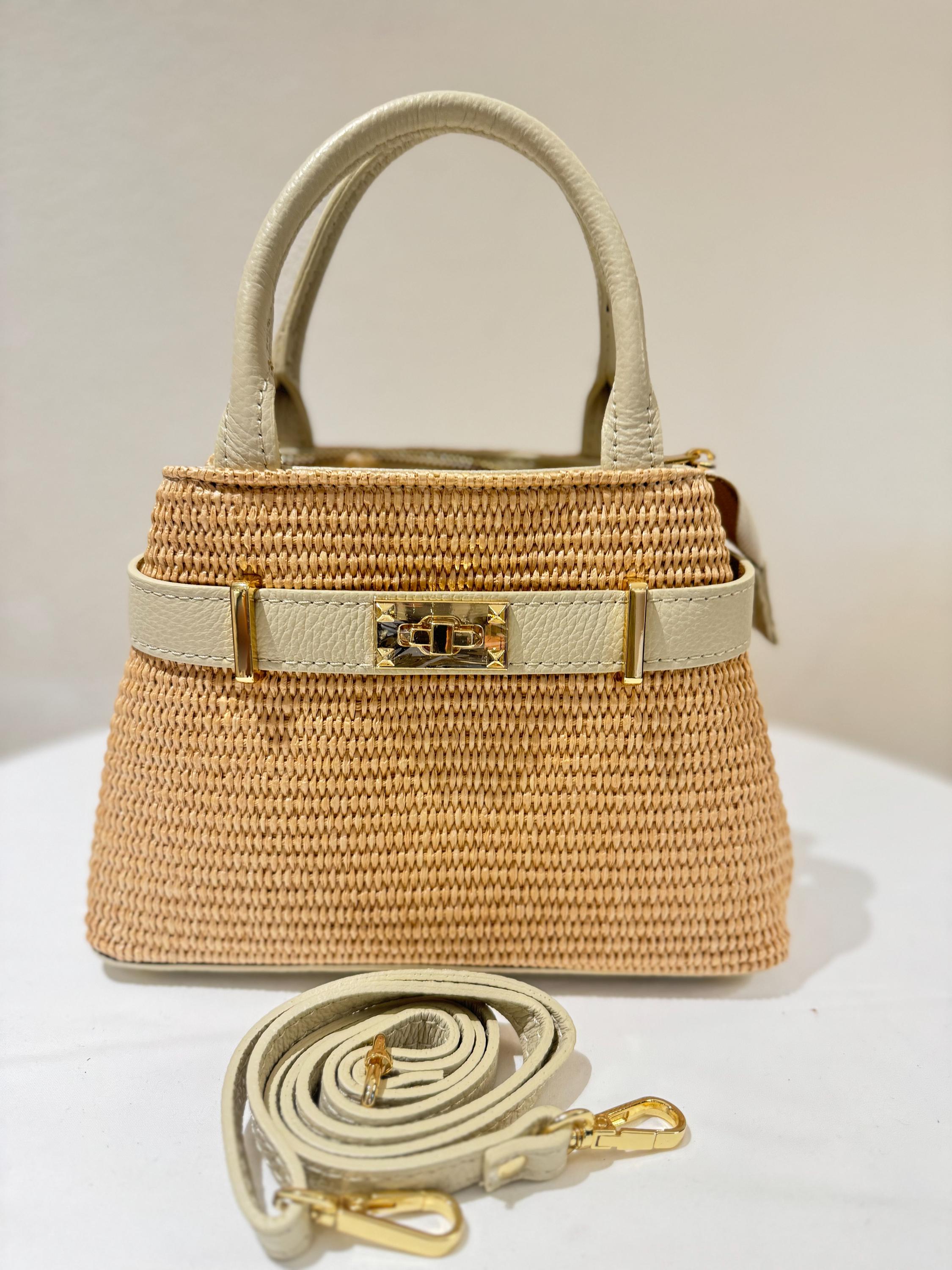 Elegant Italian Handmade Leather and Straw Bag | Stylish Top Handle Tote from Florence | Beige Bag, Made in Italy