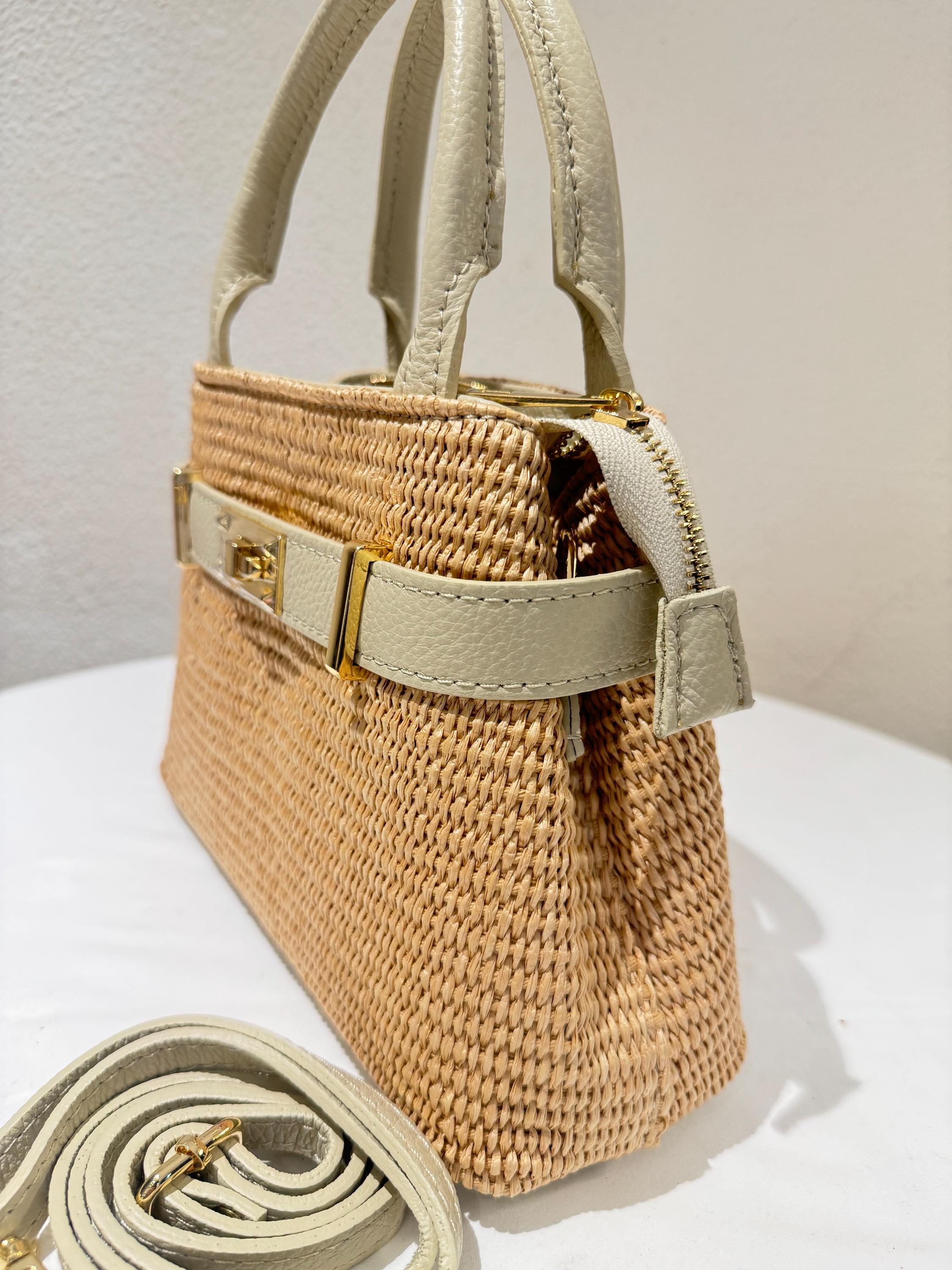 Elegant Italian Handmade Leather and Straw Bag | Stylish Top Handle Tote from Florence | Beige Bag, Made in Italy