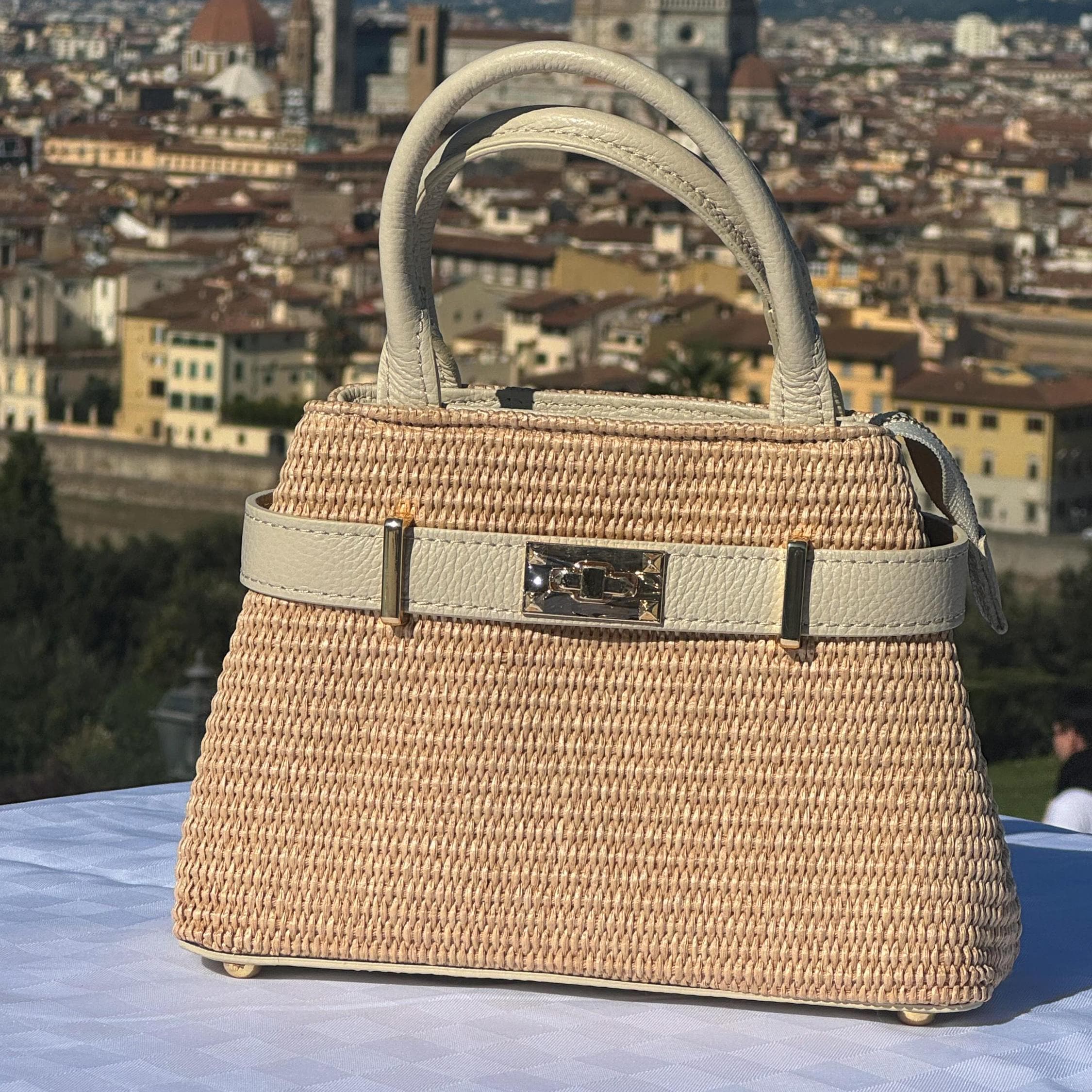 Elegant Italian Handmade Leather and Straw Bag | Stylish Top Handle Tote from Florence | Beige Bag, Made in Italy