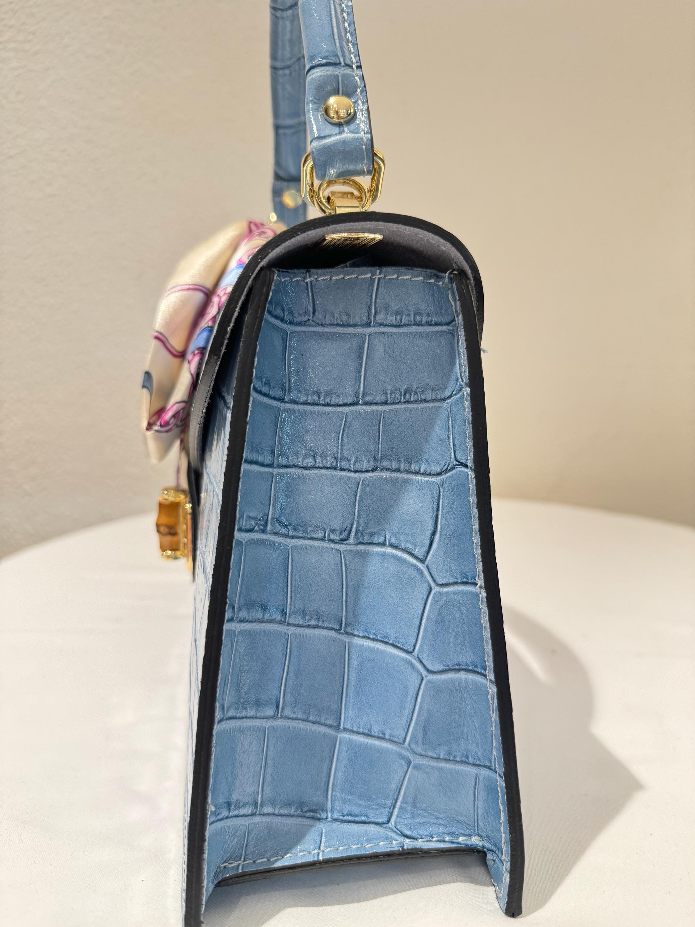 Italian Handmade Leather Bags For Women | Elegant Crocodile Pattern Handbag | Light Blue Leather Bag Made in Italy