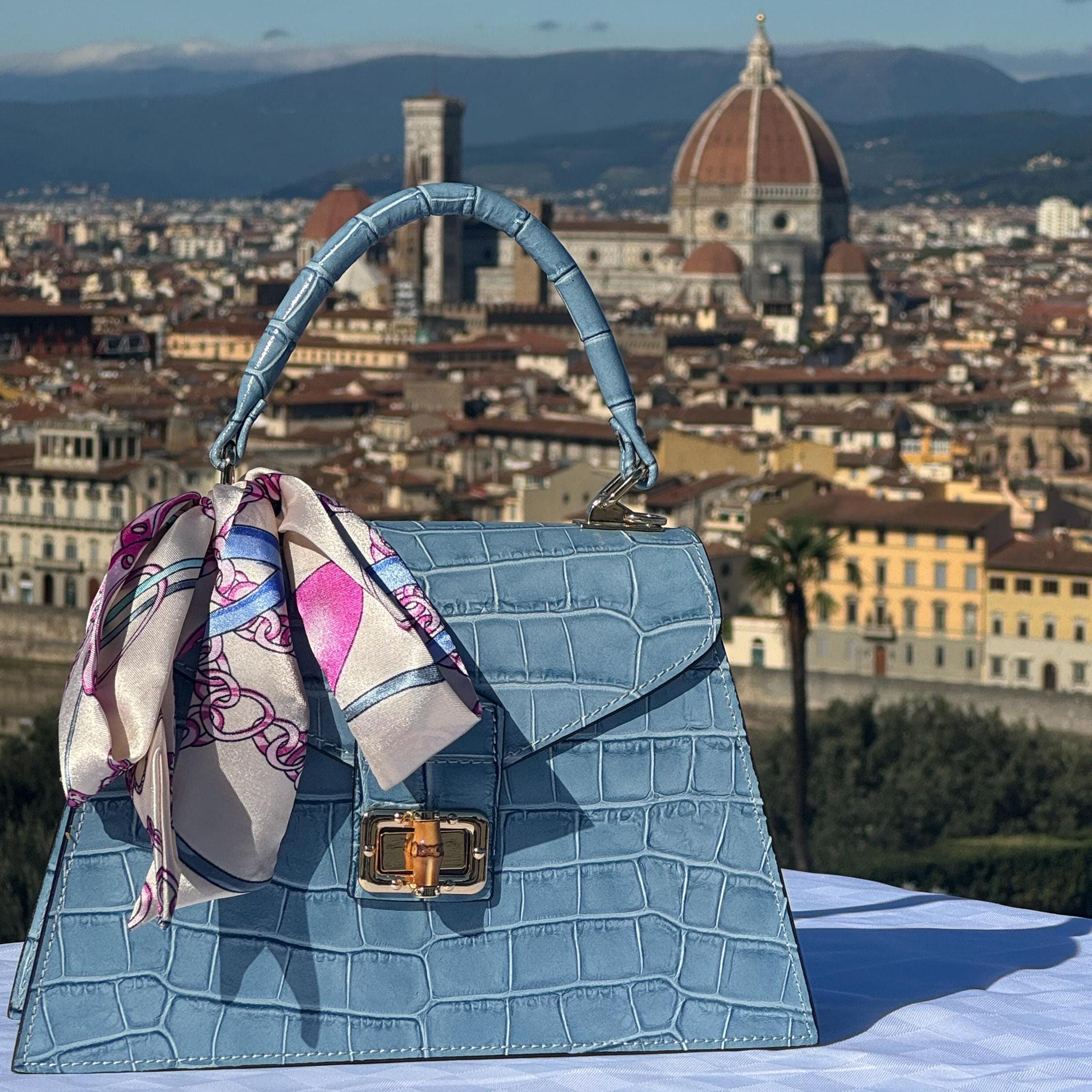 Italian Handmade Leather Bags For Women | Elegant Crocodile Pattern Handbag | Light Blue Leather Bag Made in Italy