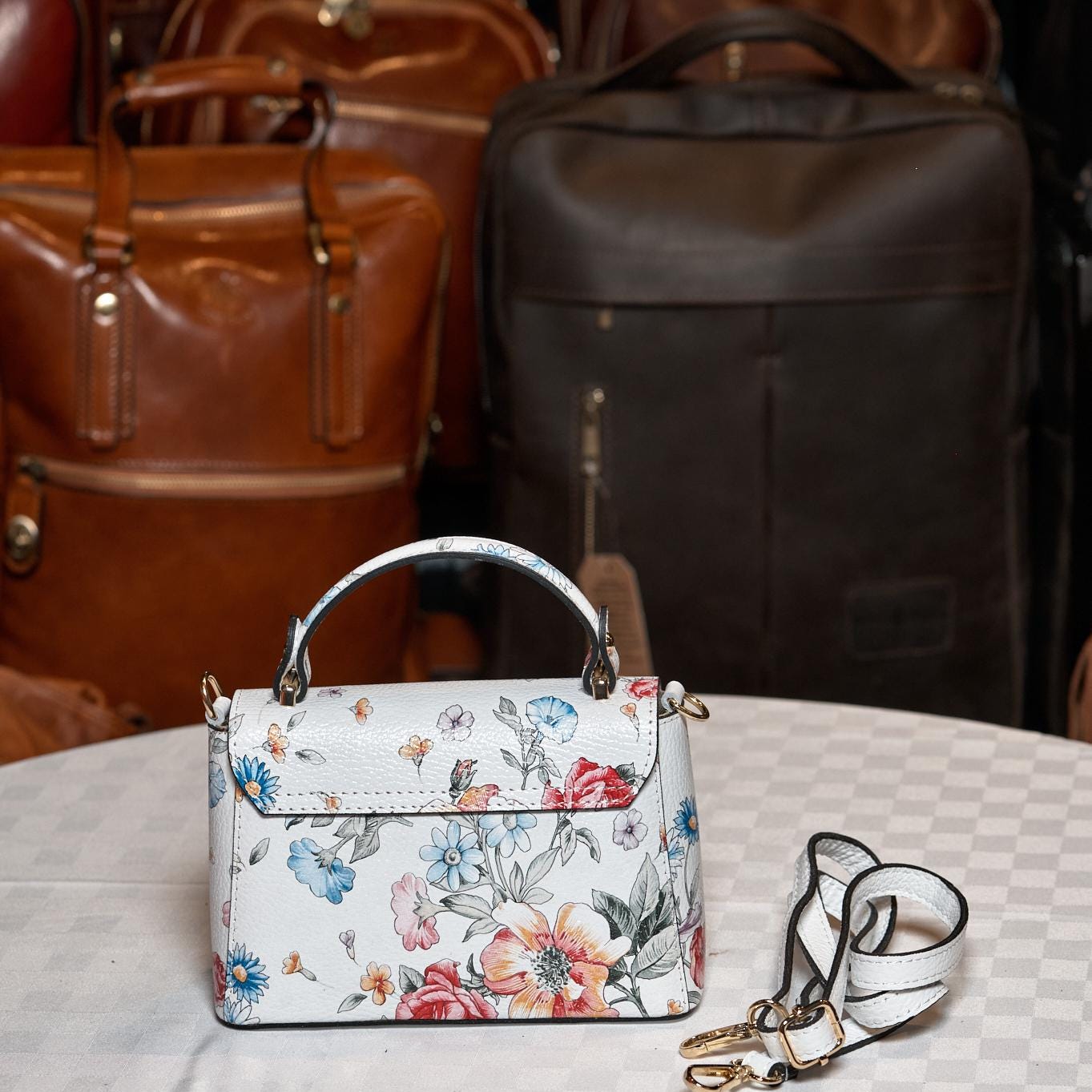 Italian Handmade Leather Bags for Women | Elegant Floral Top Handle Bag from Florence | Made in Italy