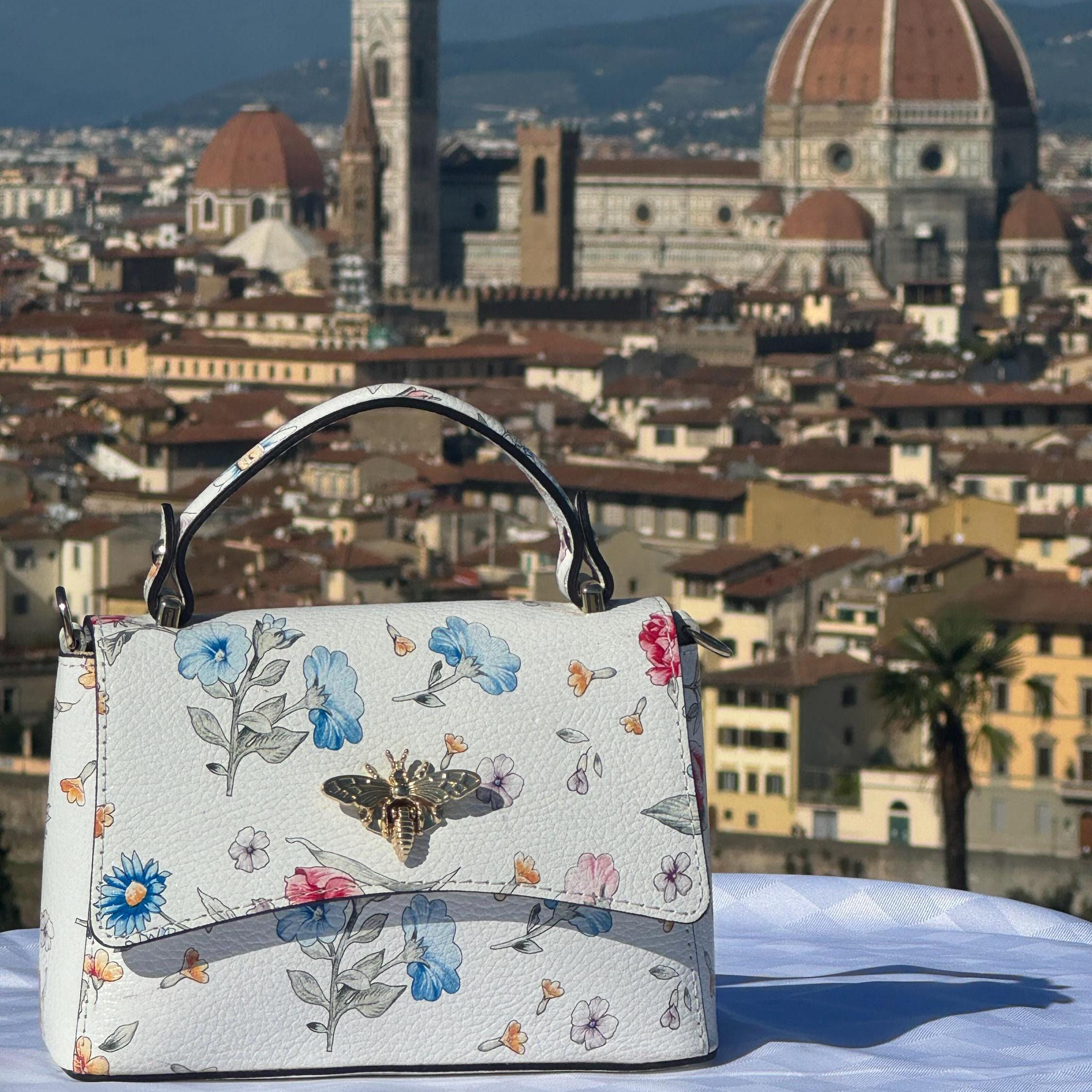 Italian Handmade Leather Bags for Women | Elegant Floral Top Handle Bag from Florence | Made in Italy