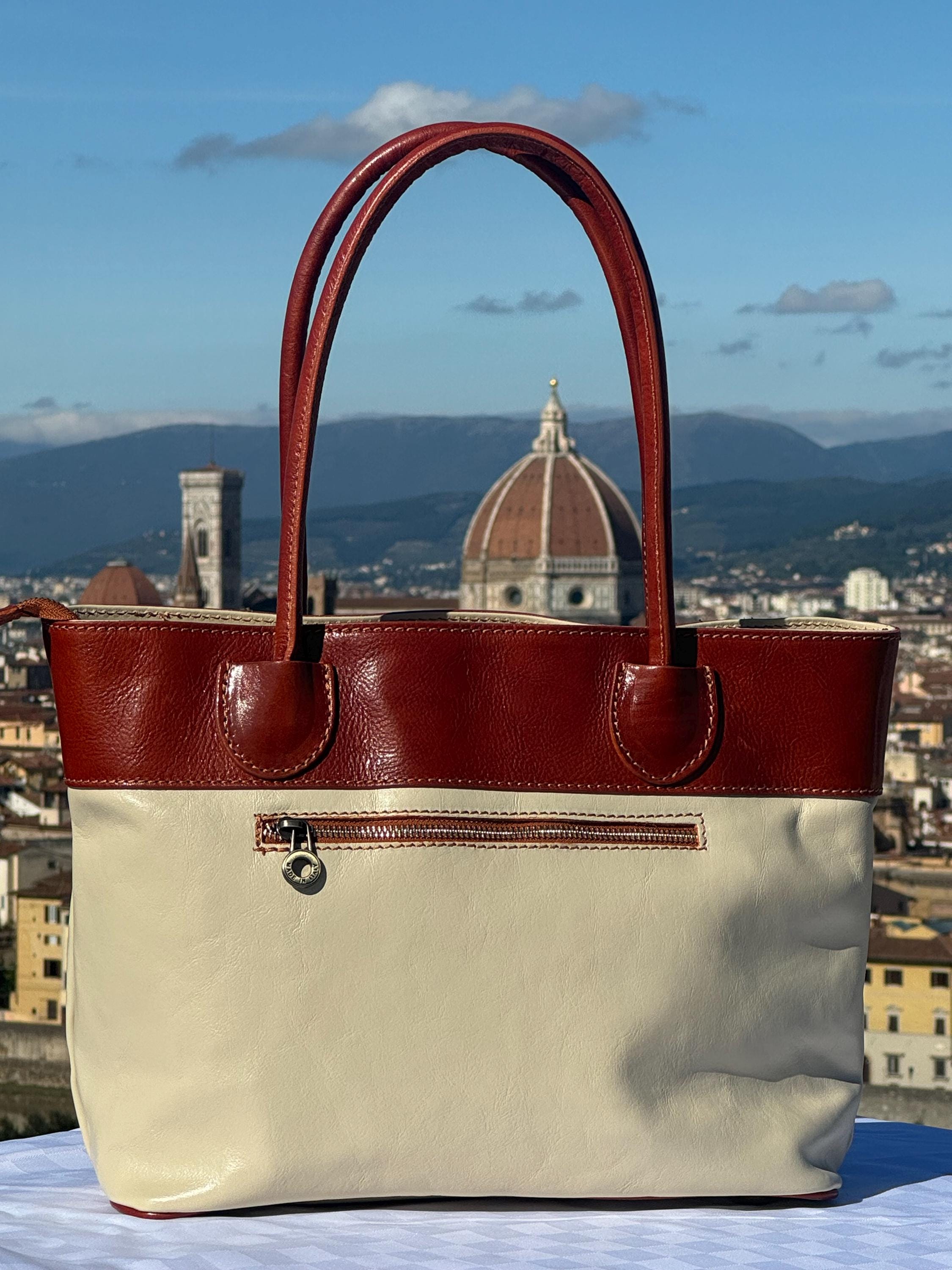 Italian Handmade Leather Bags For Women | Elegant Two-Tone Tote From Florence | Cream and Brown Bag, Made in Italy