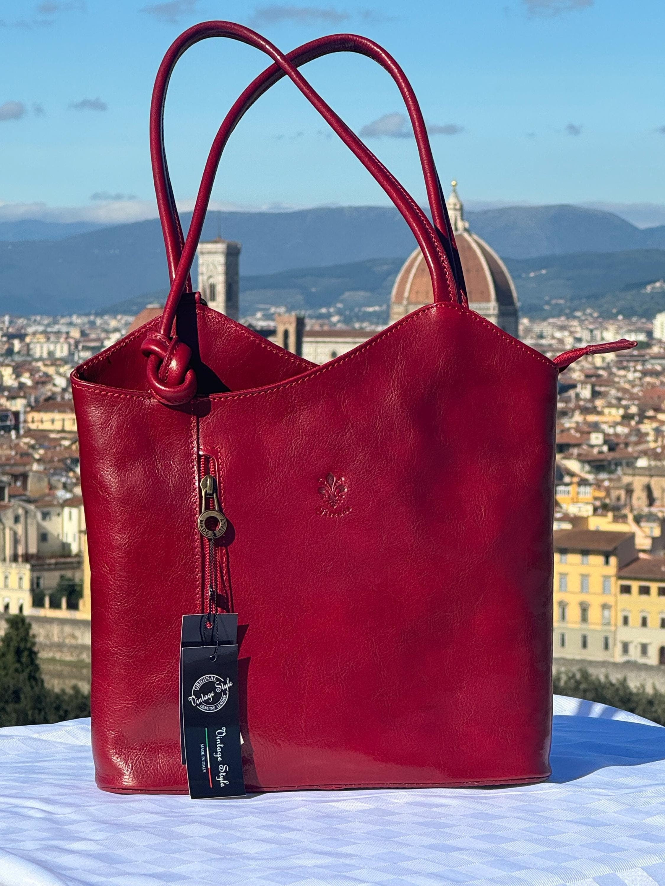 Italian Handmade Leather Bags For Women | Elegant Convertible Backpack & Shoulder Bag | Red Leather Tote from Florence, Made in Italy