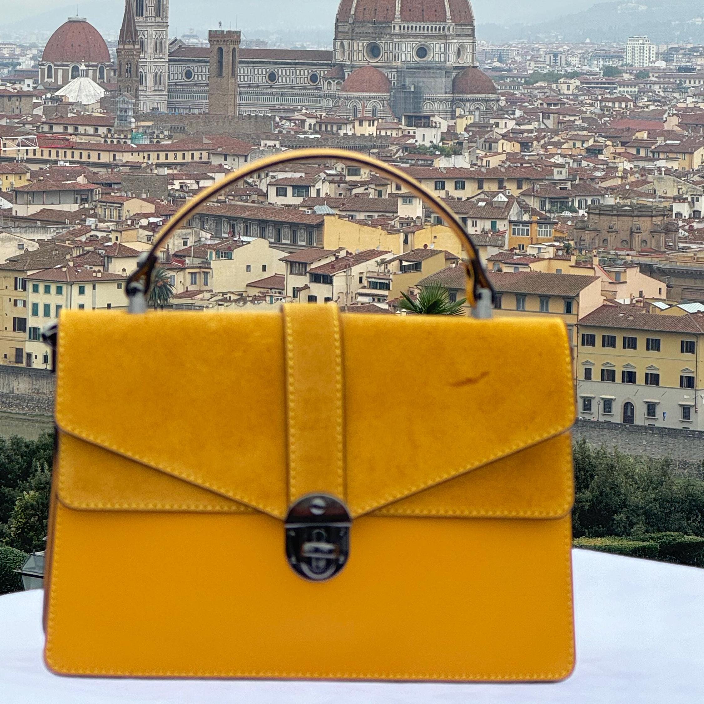 Italian Handmade Leather Bags For Women | Elegant Mustard Suede & Leather Bag From Florence | Made in Italy