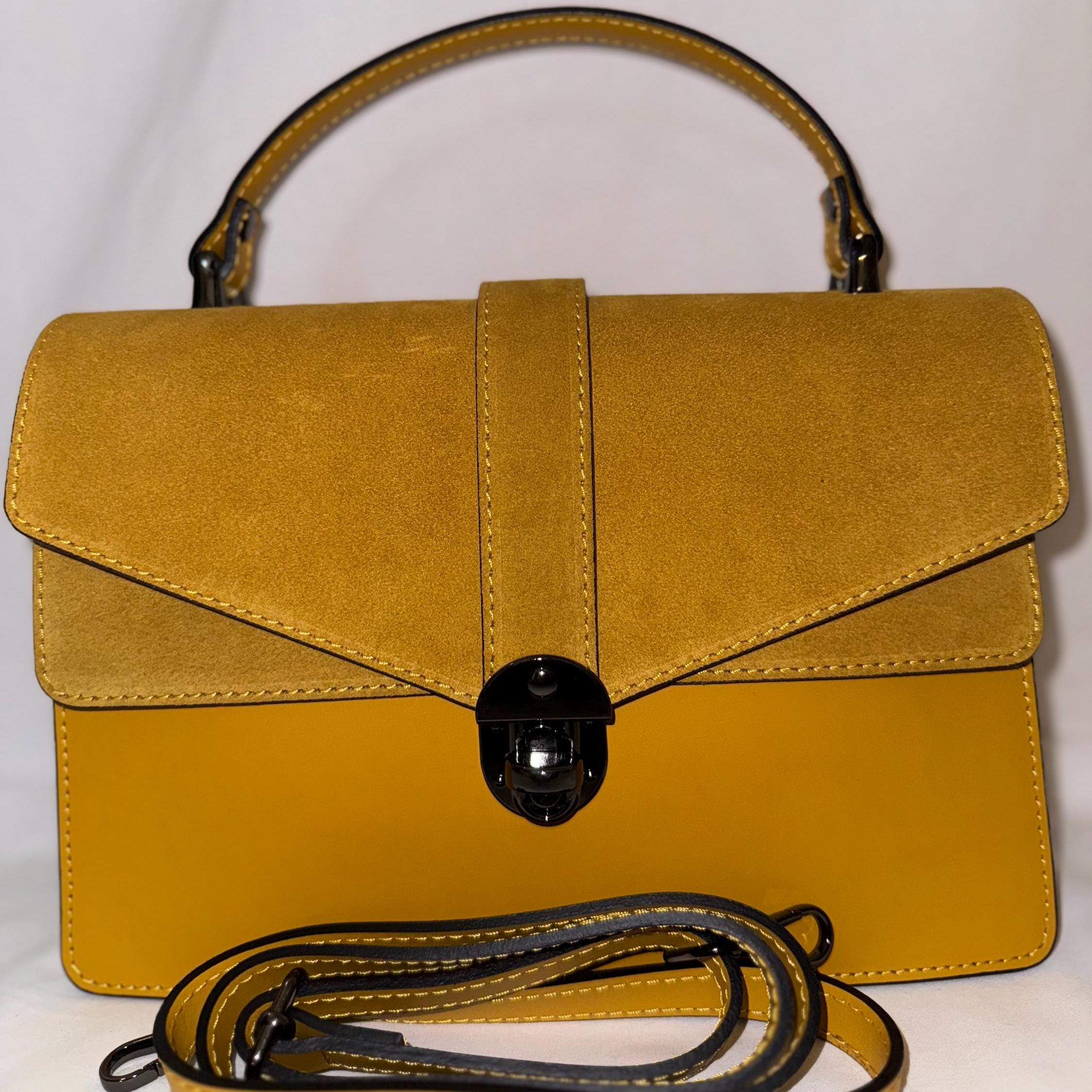 Italian Handmade Leather Bags For Women | Elegant Mustard Suede & Leather Bag From Florence | Made in Italy