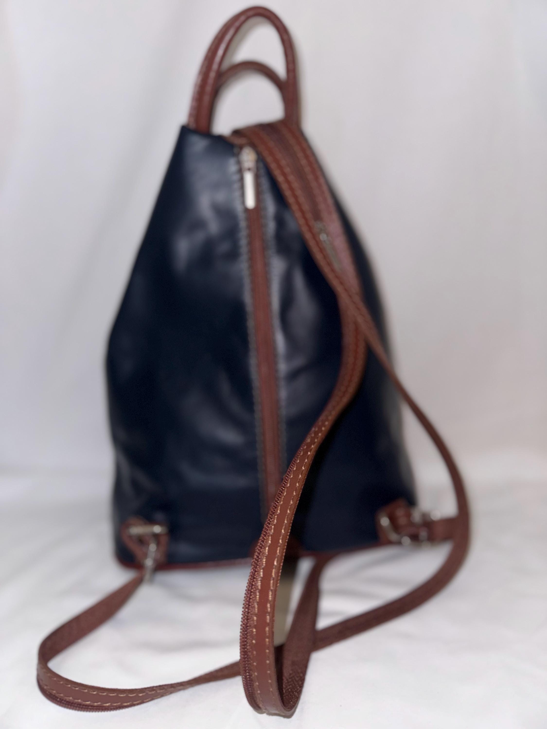 Italian Handmade Backpack For Women | Lightweight Navy and Brown Leather Bag | Soft and Versatile | Made in Italy