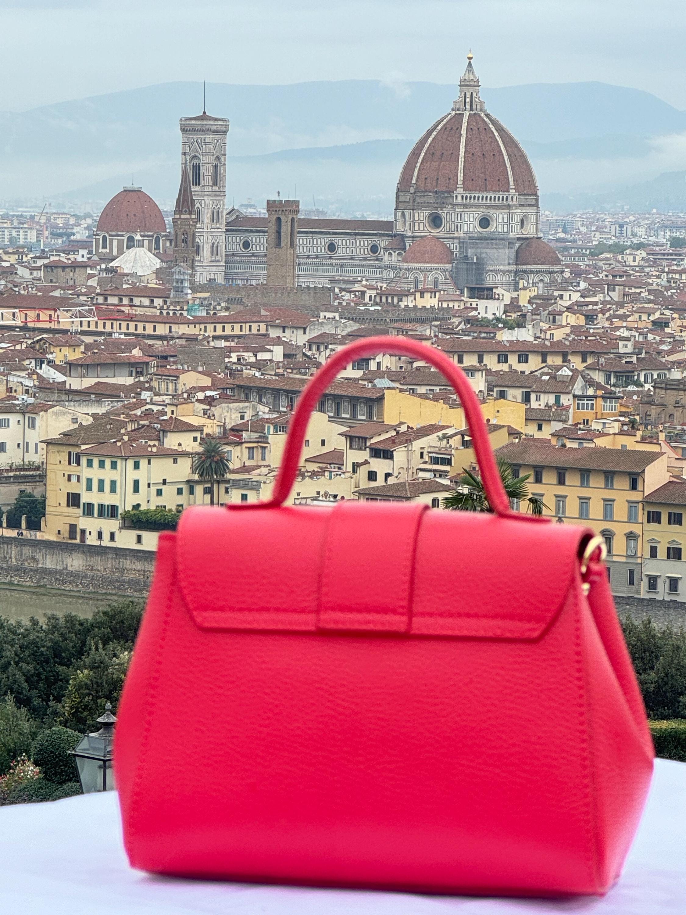 Italian Handmade Leather Bag For Women | Elegant Red Top-Handle Bag | Pebbled Leather | Made in Italy