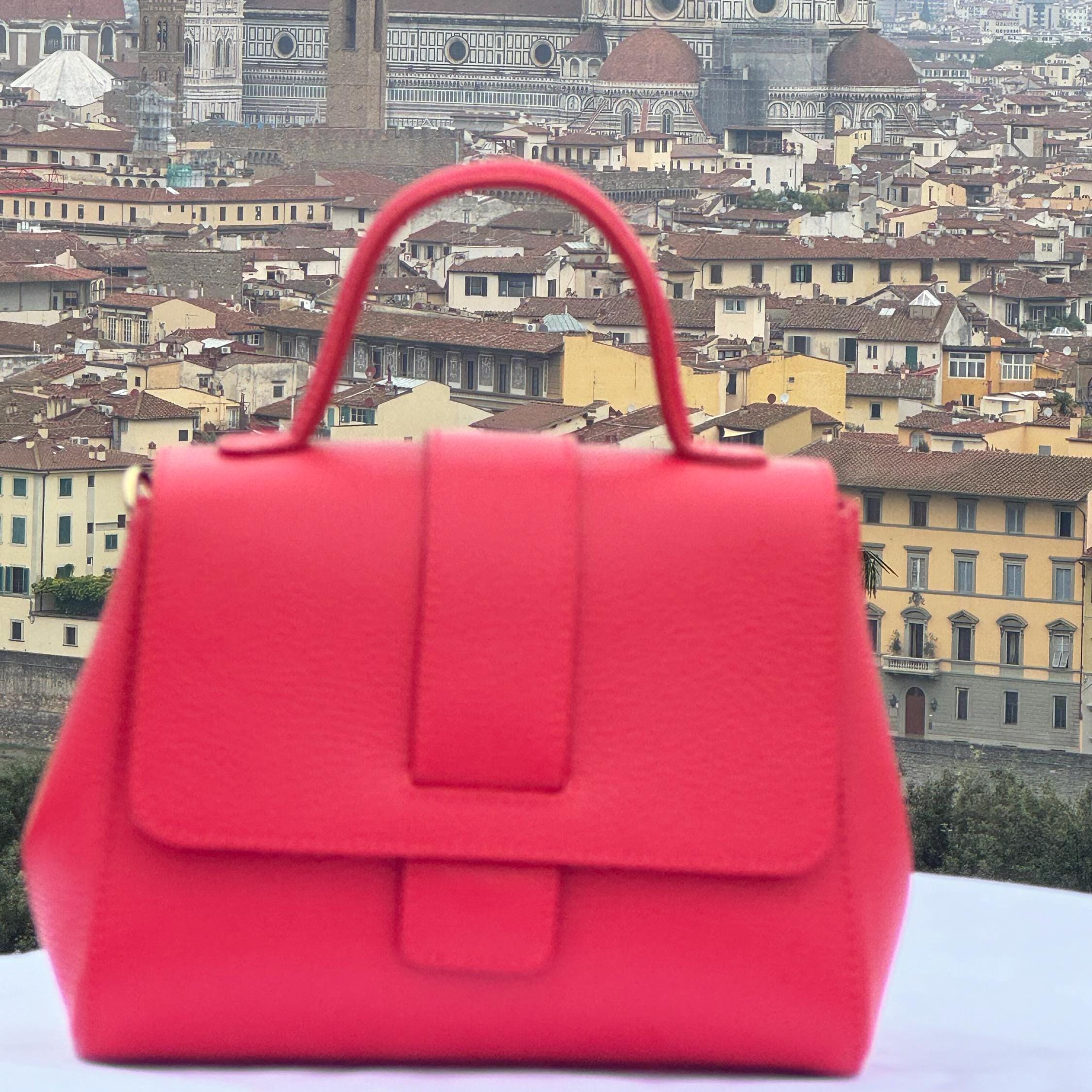 Italian Handmade Leather Bag For Women | Elegant Red Top-Handle Bag | Pebbled Leather | Made in Italy