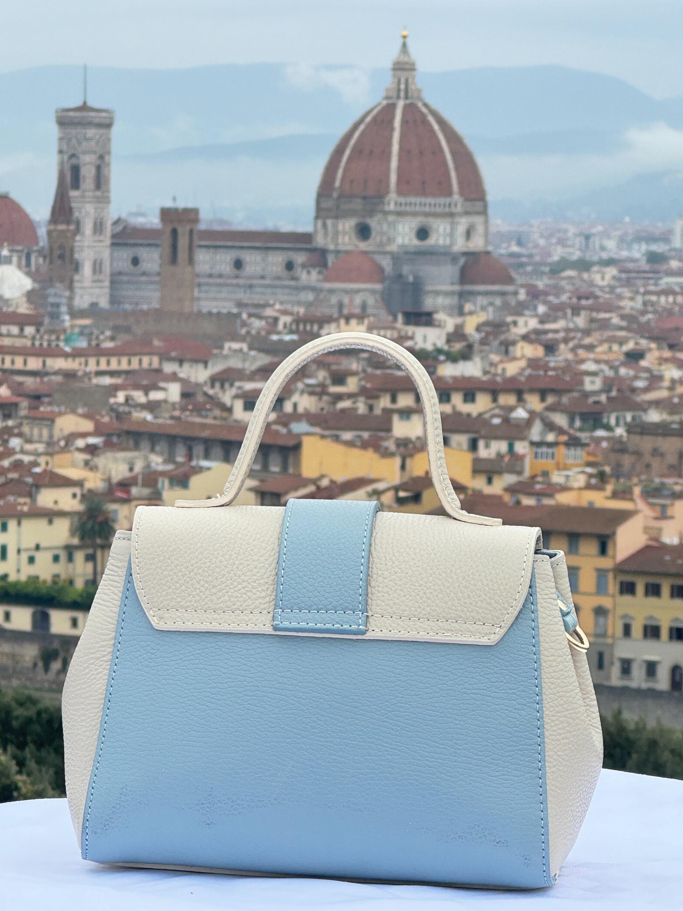 Italian Handmade Leather Bag For Women | Two-Tone Beige and Blue Top-Handle Bag | Elegant and Versatile | Made in Italy