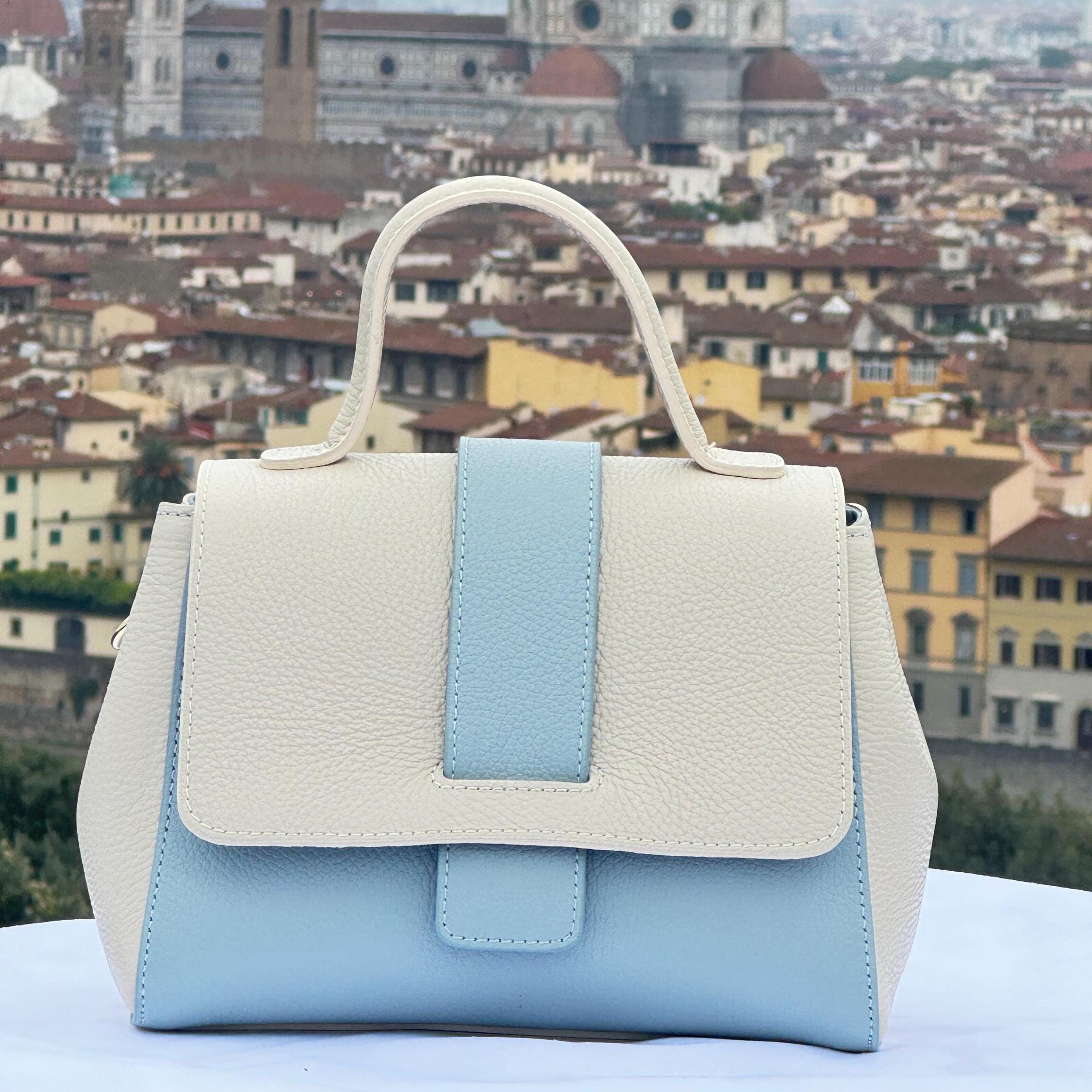 Italian Handmade Leather Bag For Women | Two-Tone Beige and Blue Top-Handle Bag | Elegant and Versatile | Made in Italy