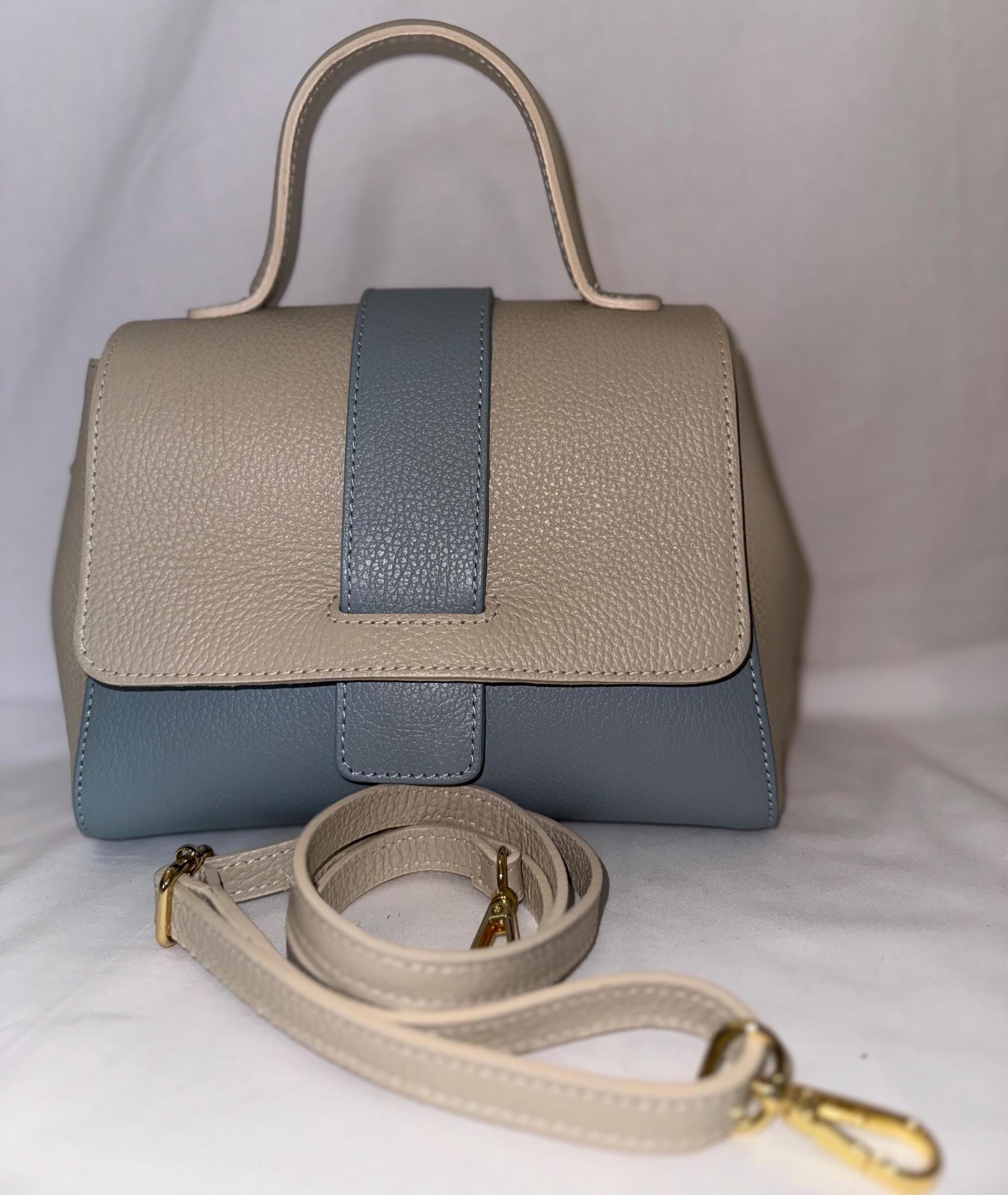 Italian Handmade Leather Bag For Women | Two-Tone Beige and Blue Top-Handle Bag | Elegant and Versatile | Made in Italy