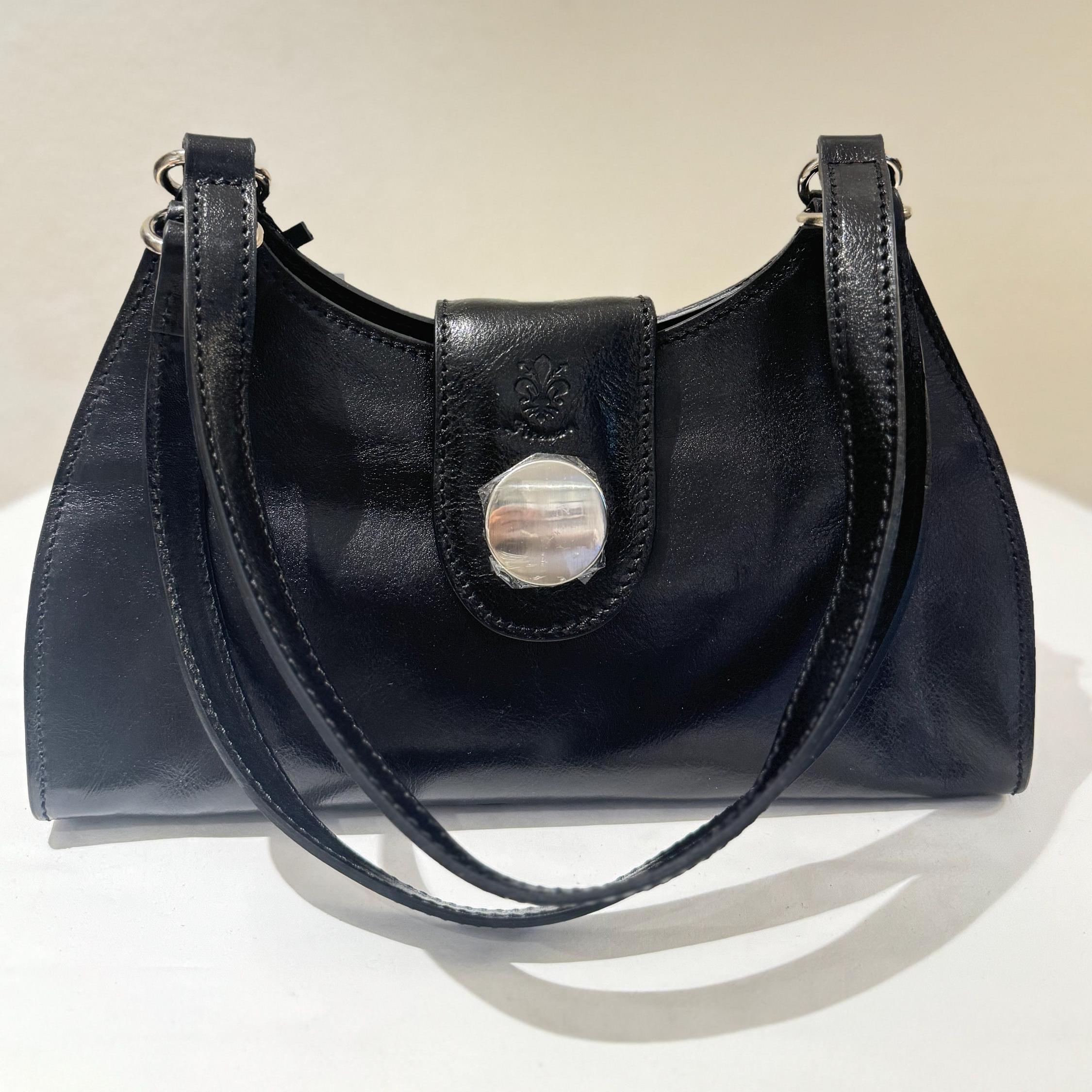 Italian Handmade Leather Bag For Women | Elegant Black Handbag with Pearl Accent | Made in Italy