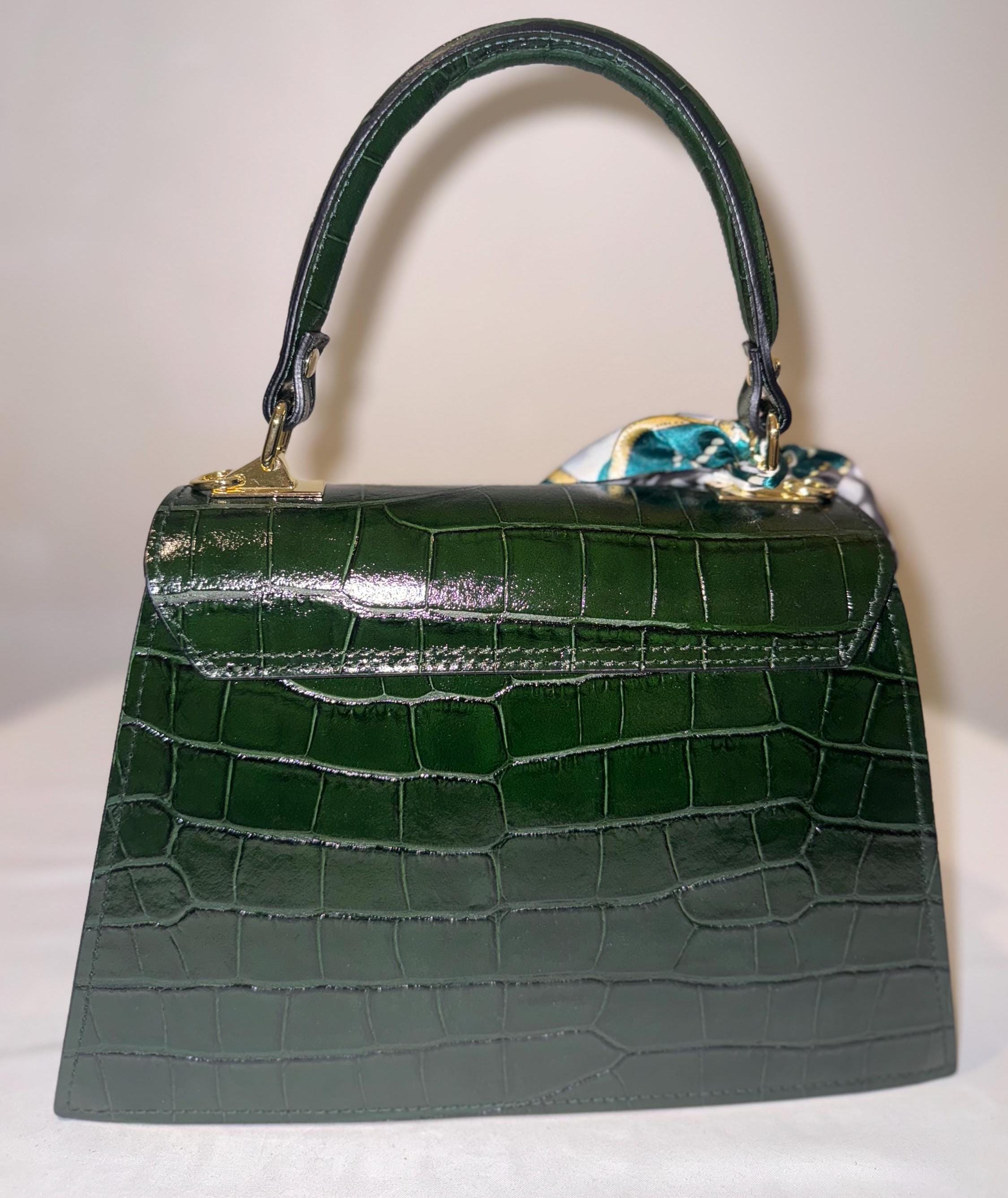 Italian Handmade Leather Bag For Women | Elegant Green Croc-Embossed Handbag | Gold Clasp and Scarf Detail | Made in Italy