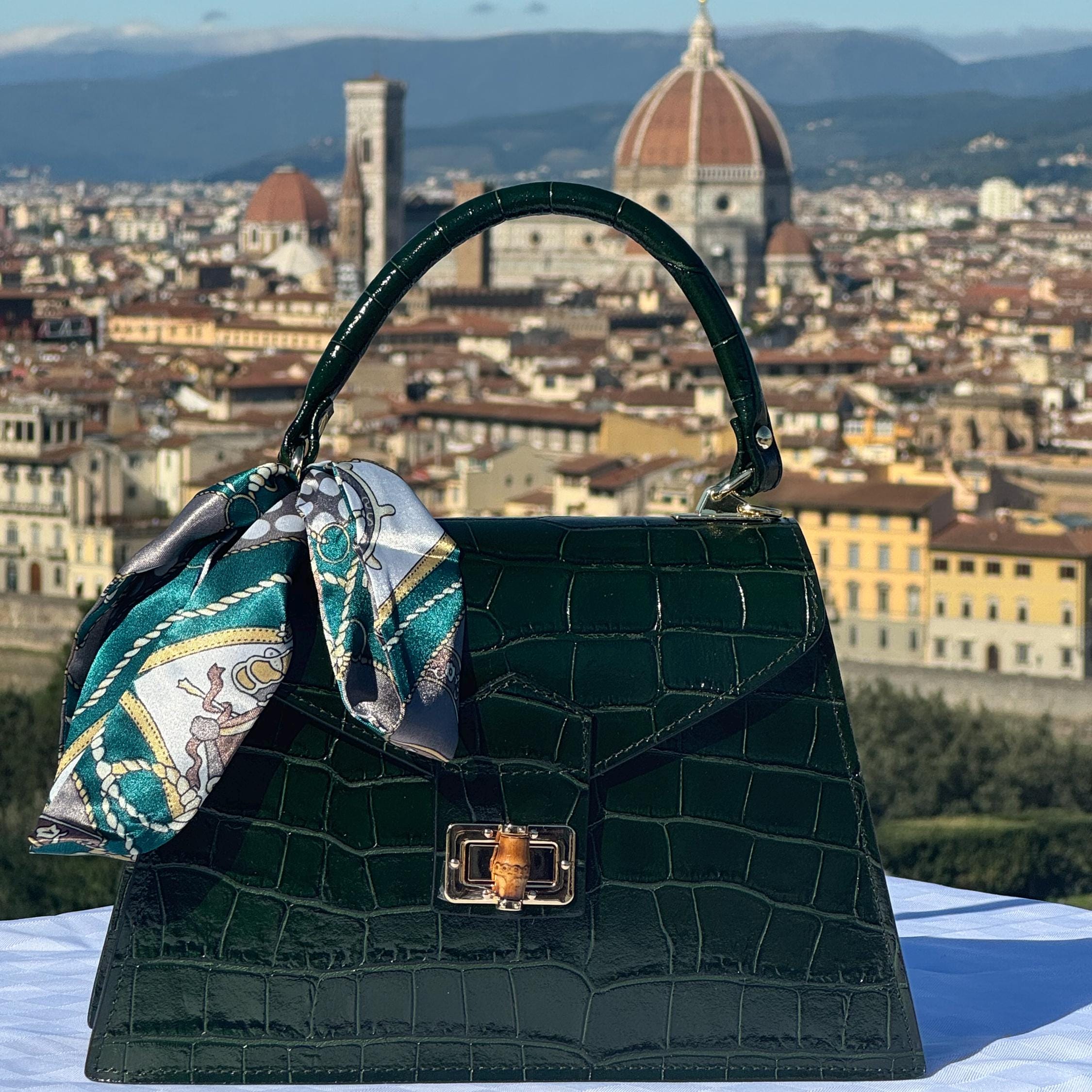 Italian Handmade Leather Bag For Women | Elegant Green Croc-Embossed Handbag | Gold Clasp and Scarf Detail | Made in Italy