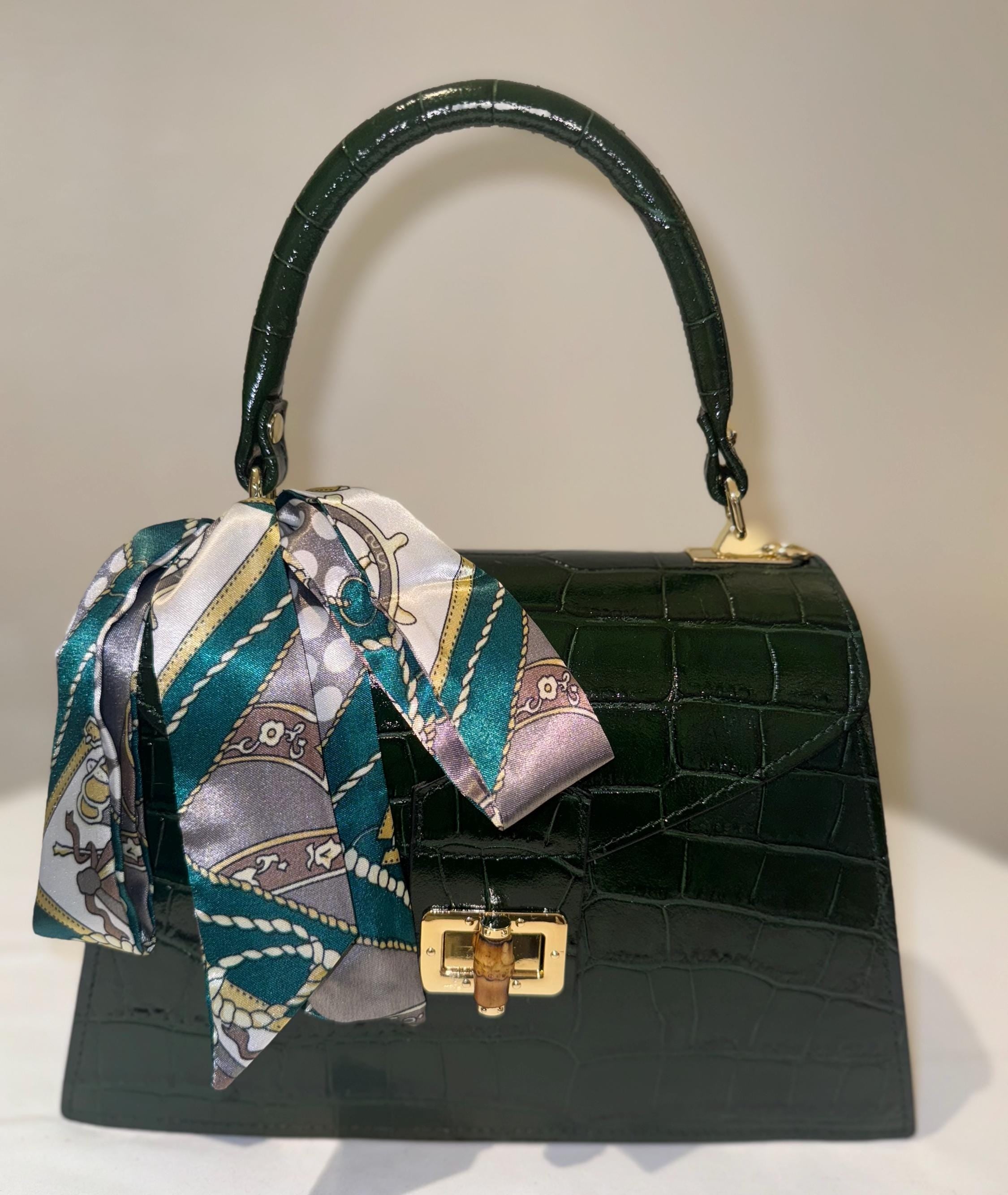 Italian Handmade Leather Bag For Women | Elegant Green Croc-Embossed Handbag | Gold Clasp and Scarf Detail | Made in Italy