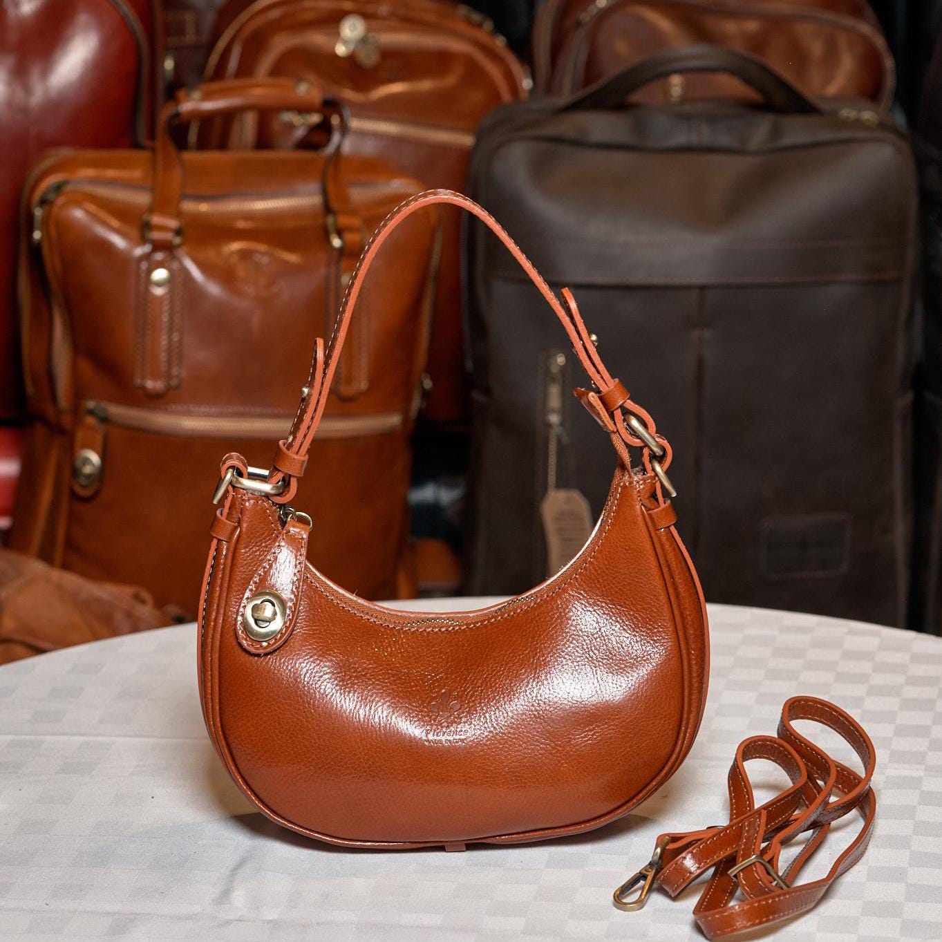 Italian Handmade Leather Bag For Women | Light Brown Crescent Shoulder Bag | Elegant and Versatile | Made in Italy