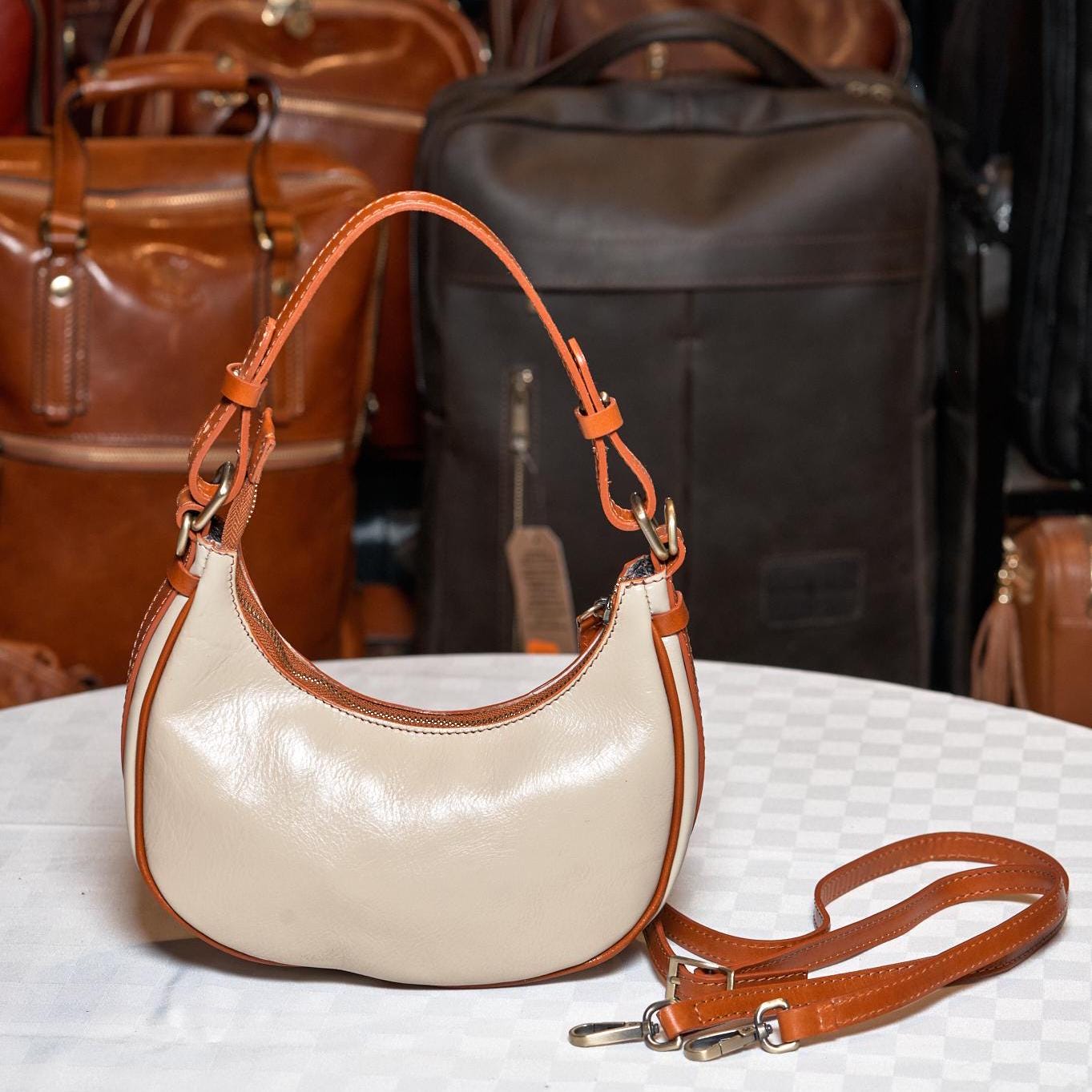 Italian Handmade Leather Bag for Women | White and Brown Shoulder Bag | Elegant Crescent Design | From Florence, Made in Italy