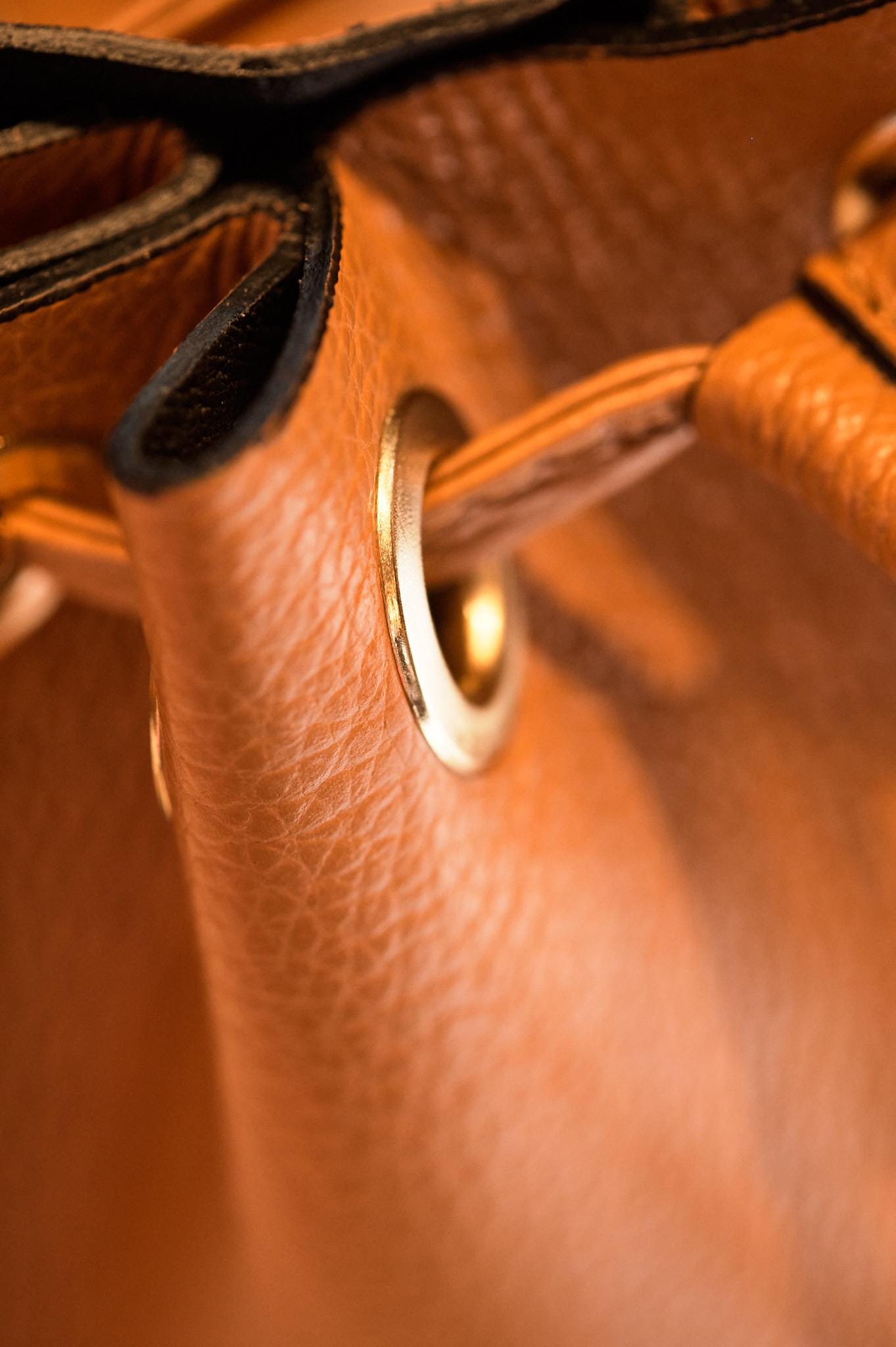 Italian Handmade Leather Bucket Bag |  Elegant Caramel Brown with Gold Details | From Florence, Made in Italy