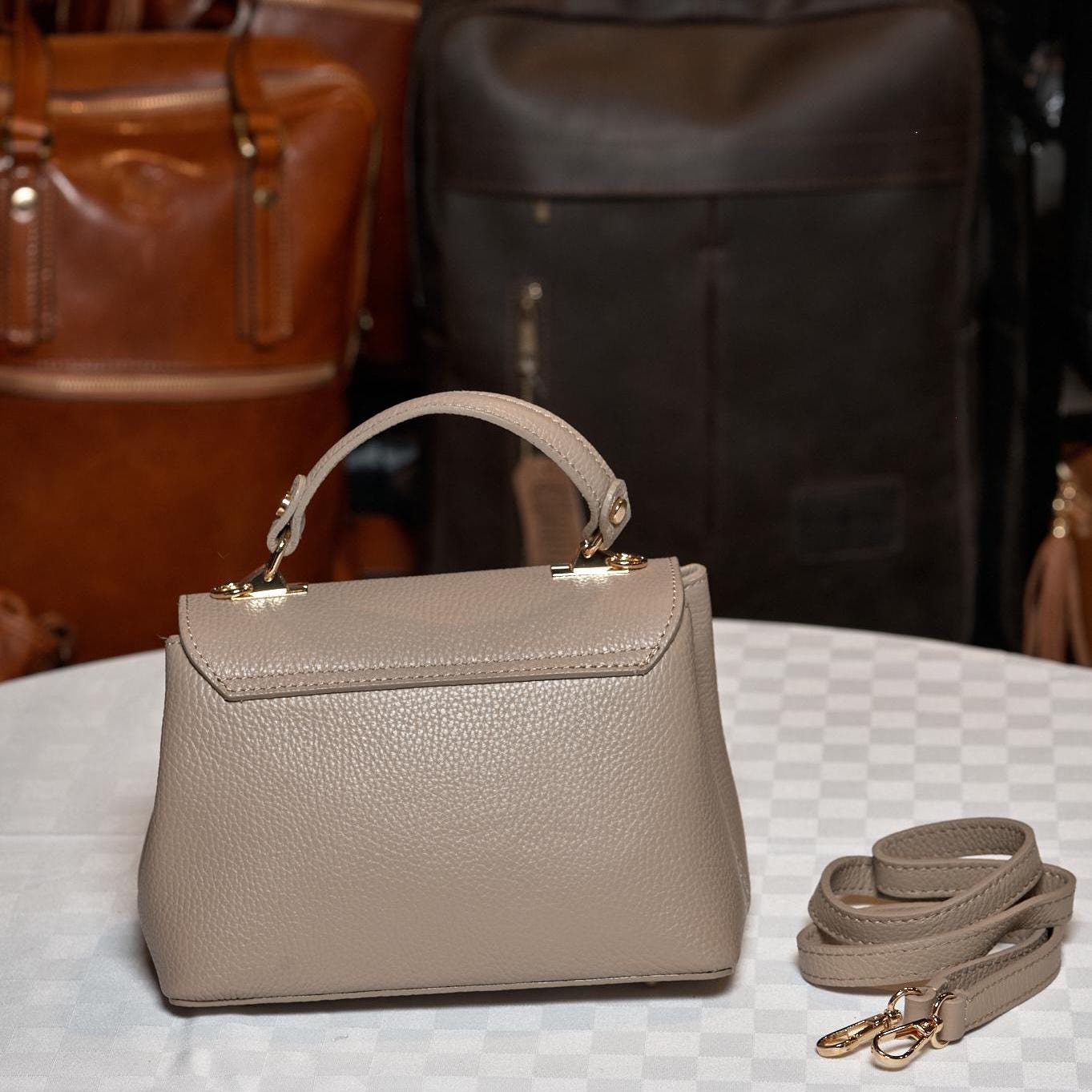 Italian Handmade Leather Bag for Women | Elegant Taupe Top Handle Bag | Made in Florence, Italy