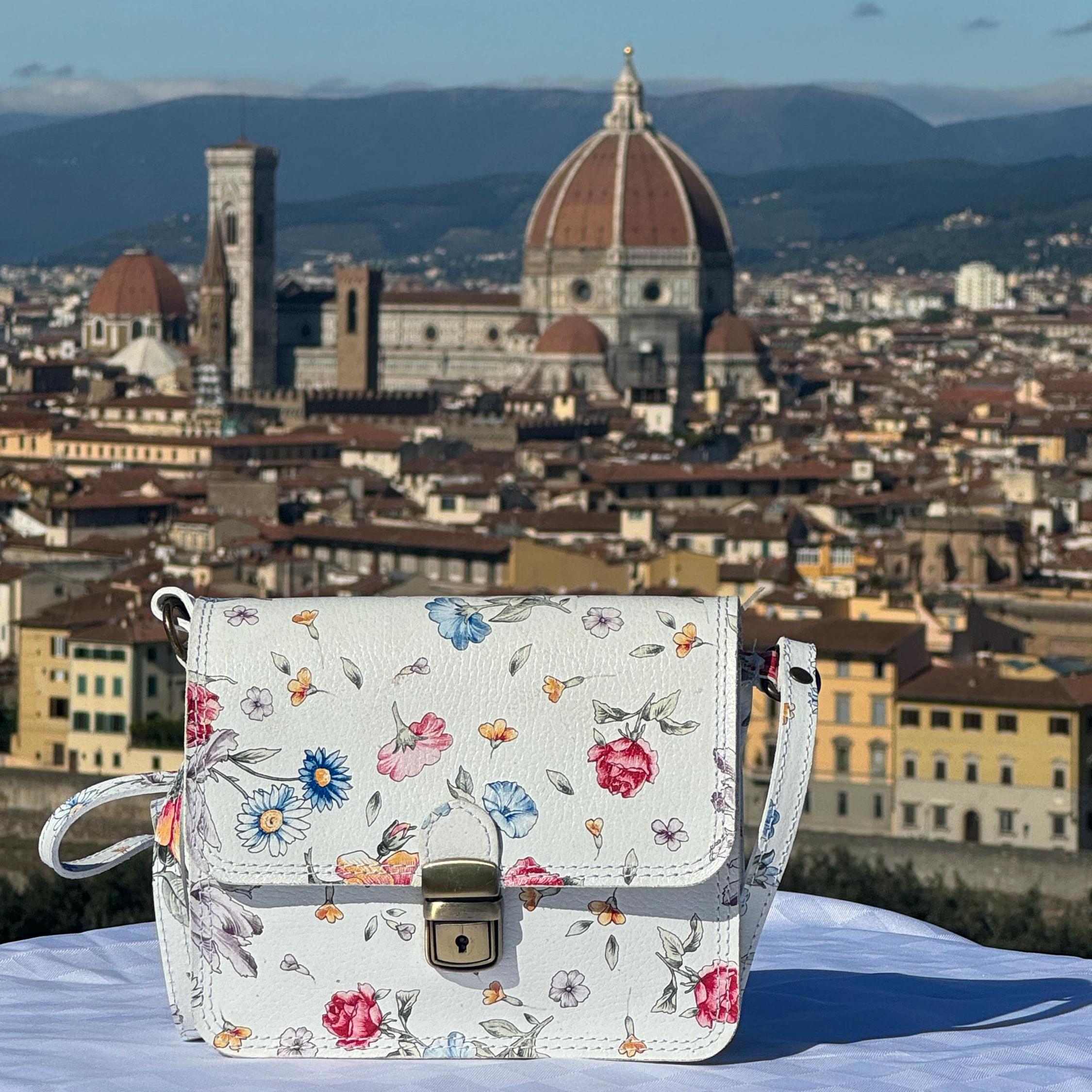 Italian Handmade Leather Bag For Women | Elegant Floral Crossbody From Florence, White Bag, Made in Italy