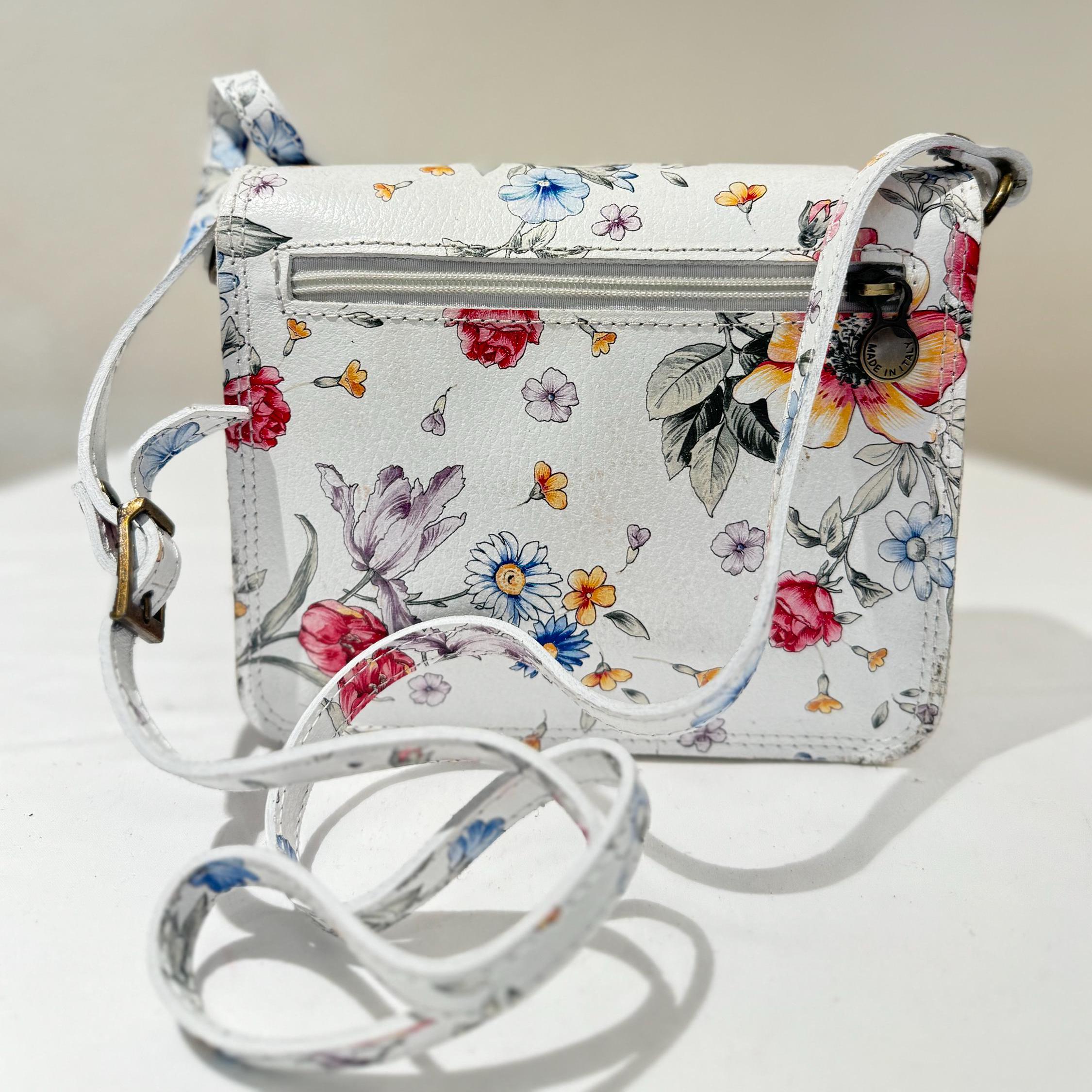 Italian Handmade Leather Bag For Women | Elegant Floral Crossbody From Florence, White Bag, Made in Italy