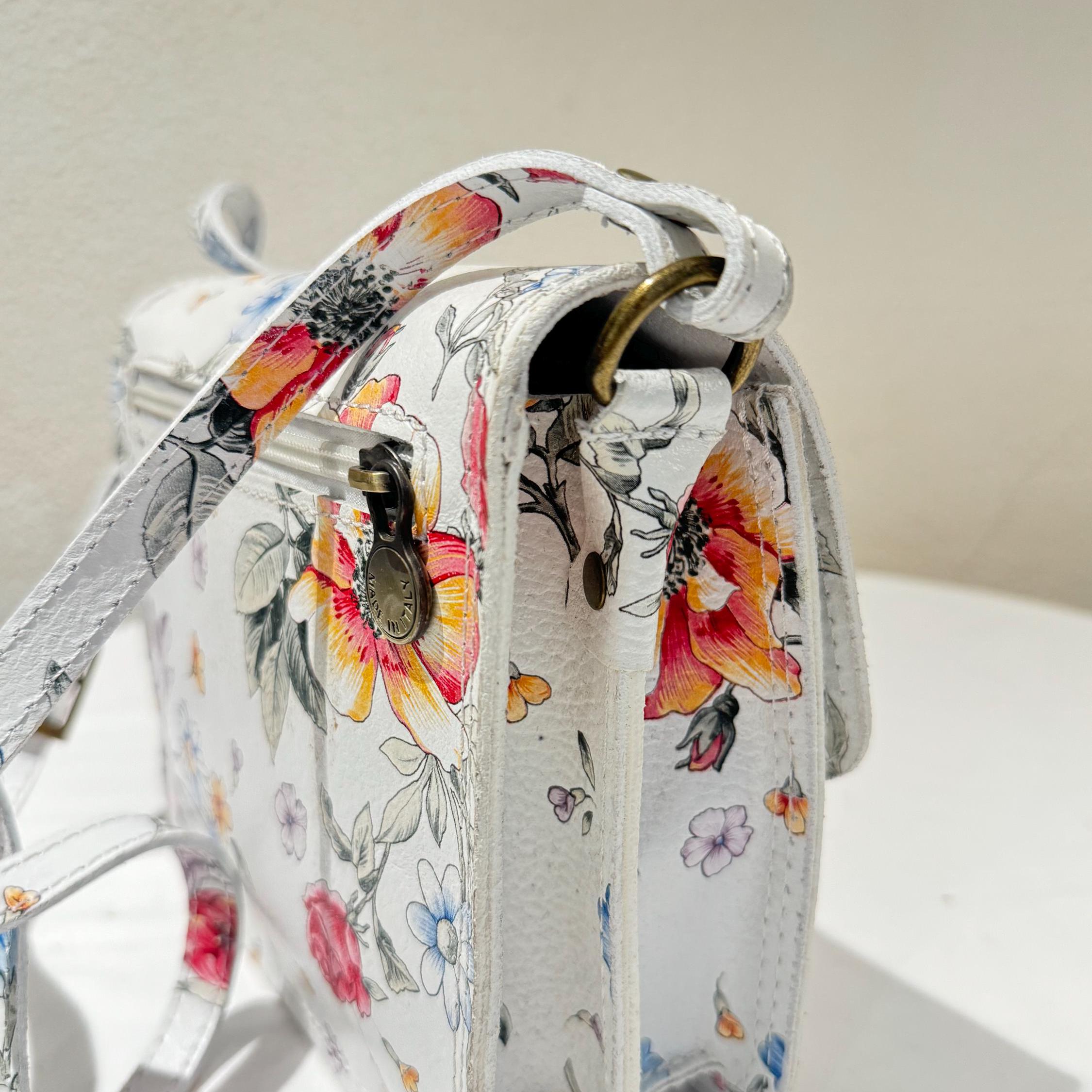 Italian Handmade Leather Bag For Women | Elegant Floral Crossbody From Florence, White Bag, Made in Italy