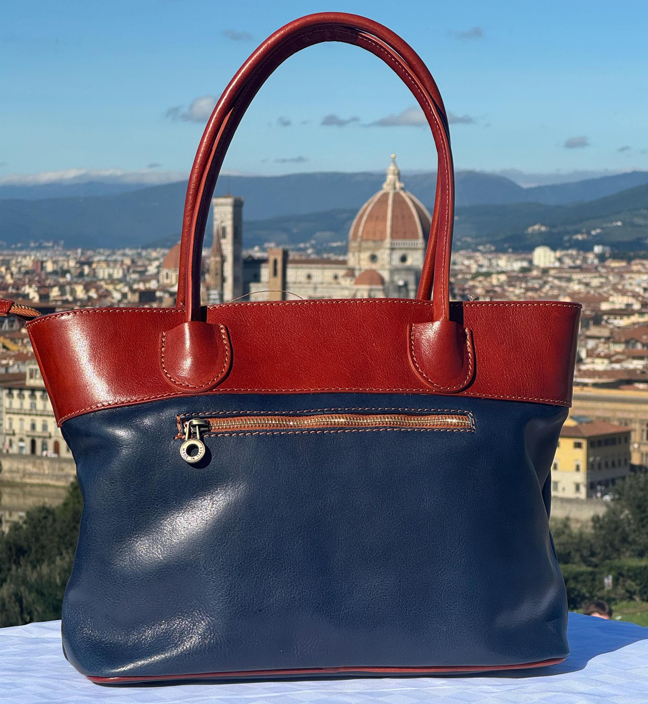 Italian Handmade Leather Bag For Women | Elegant Navy & Brown Leather Tote Bag From Florence, Made in Italy