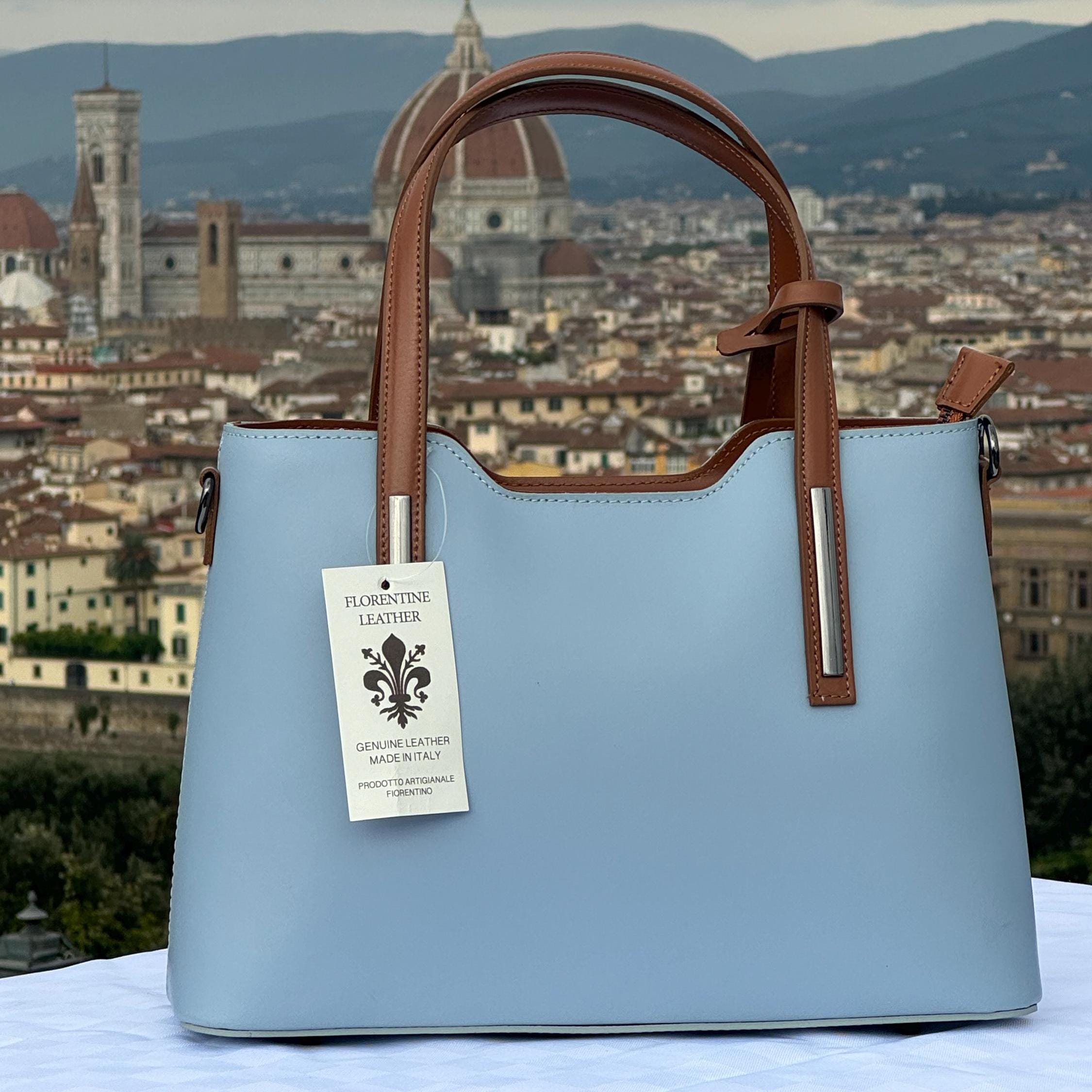 Italian Handmade Leather Bag For Women | Elegant Light Blue Leather Tote Bag From Florence, Made in Italy