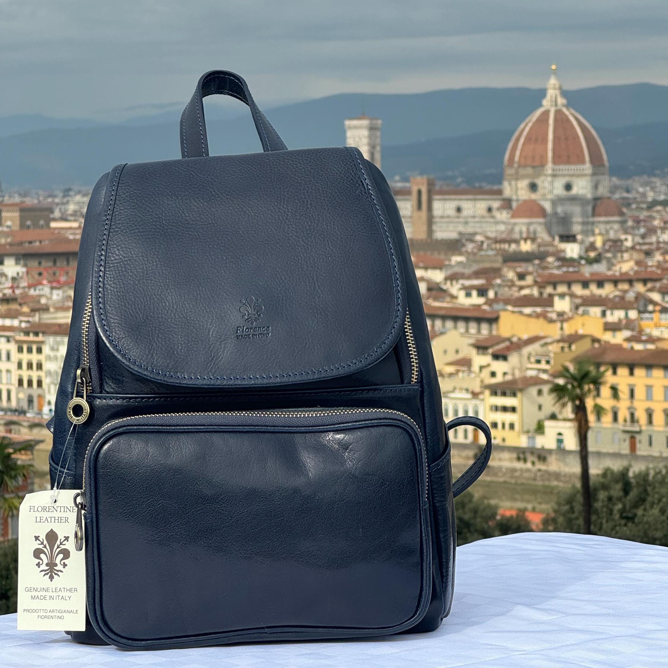 Italian Handmade Leather Backpack for Women | Elegant Leather Backpack from Florence, Navy Blue Bag, Made in Italy