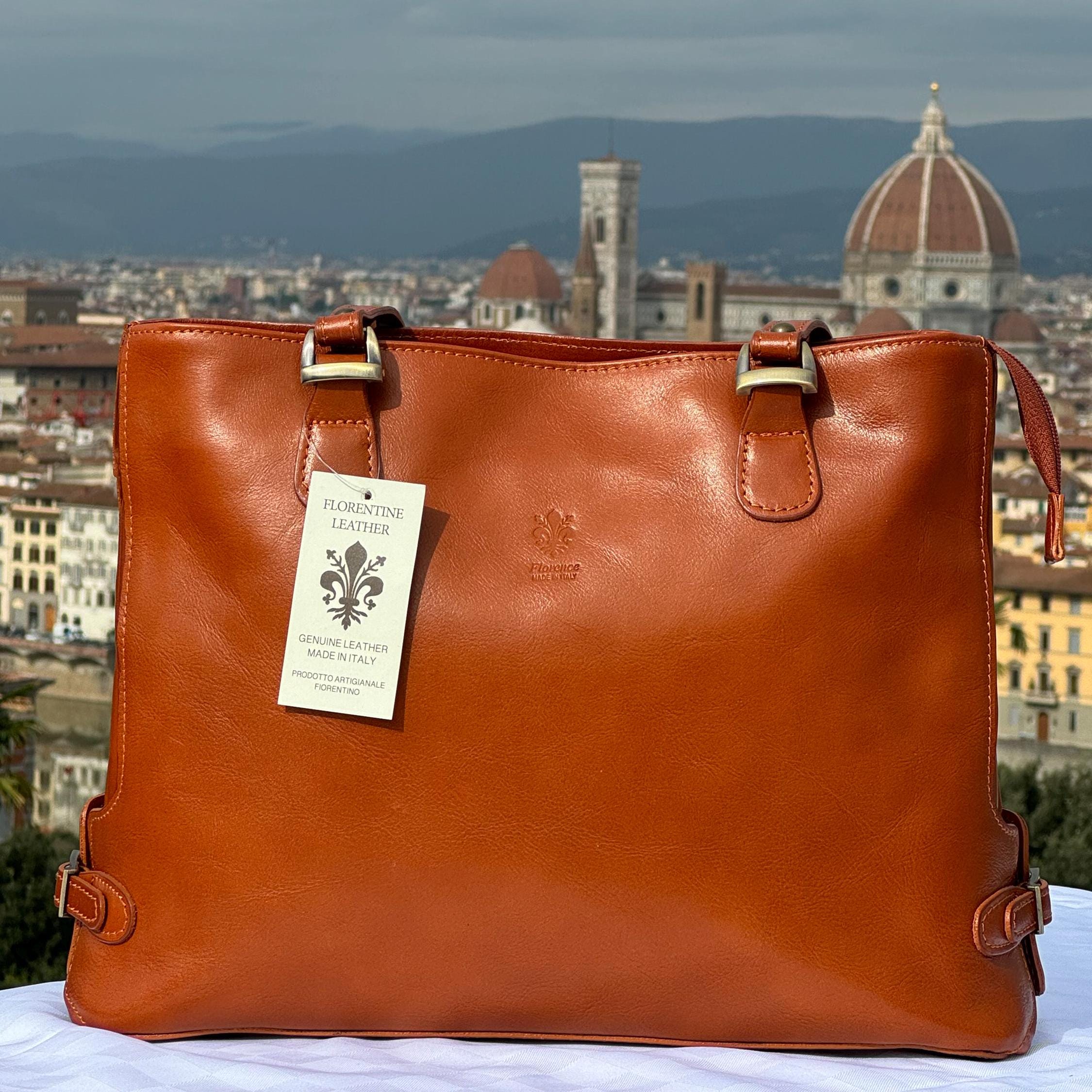 Italian Handmade Leather Bag For Women | Elegant Caramel Leather Tote Bag | From Florence, Made in Italy