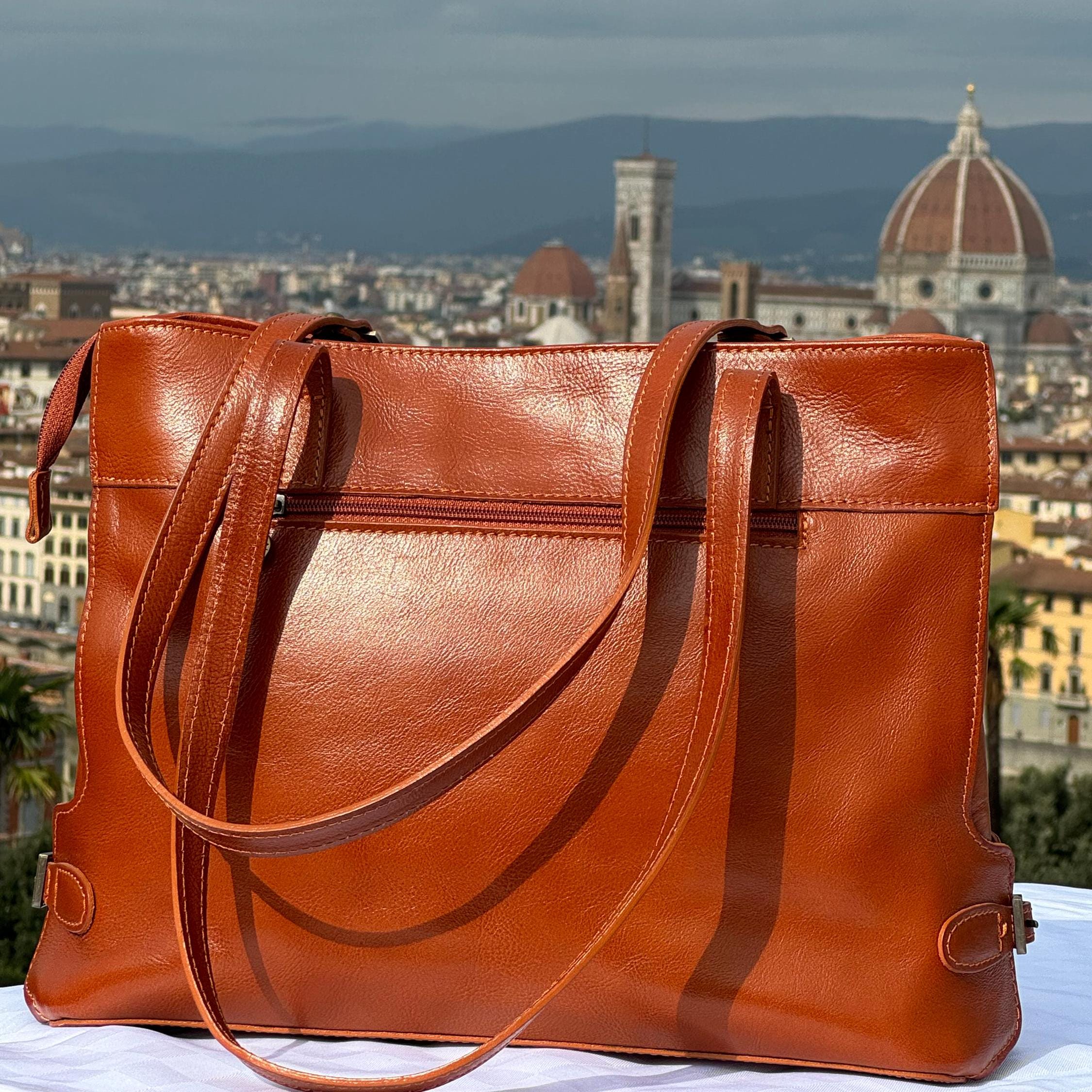 Italian Handmade Leather Bag For Women | Elegant Caramel Leather Tote Bag | From Florence, Made in Italy