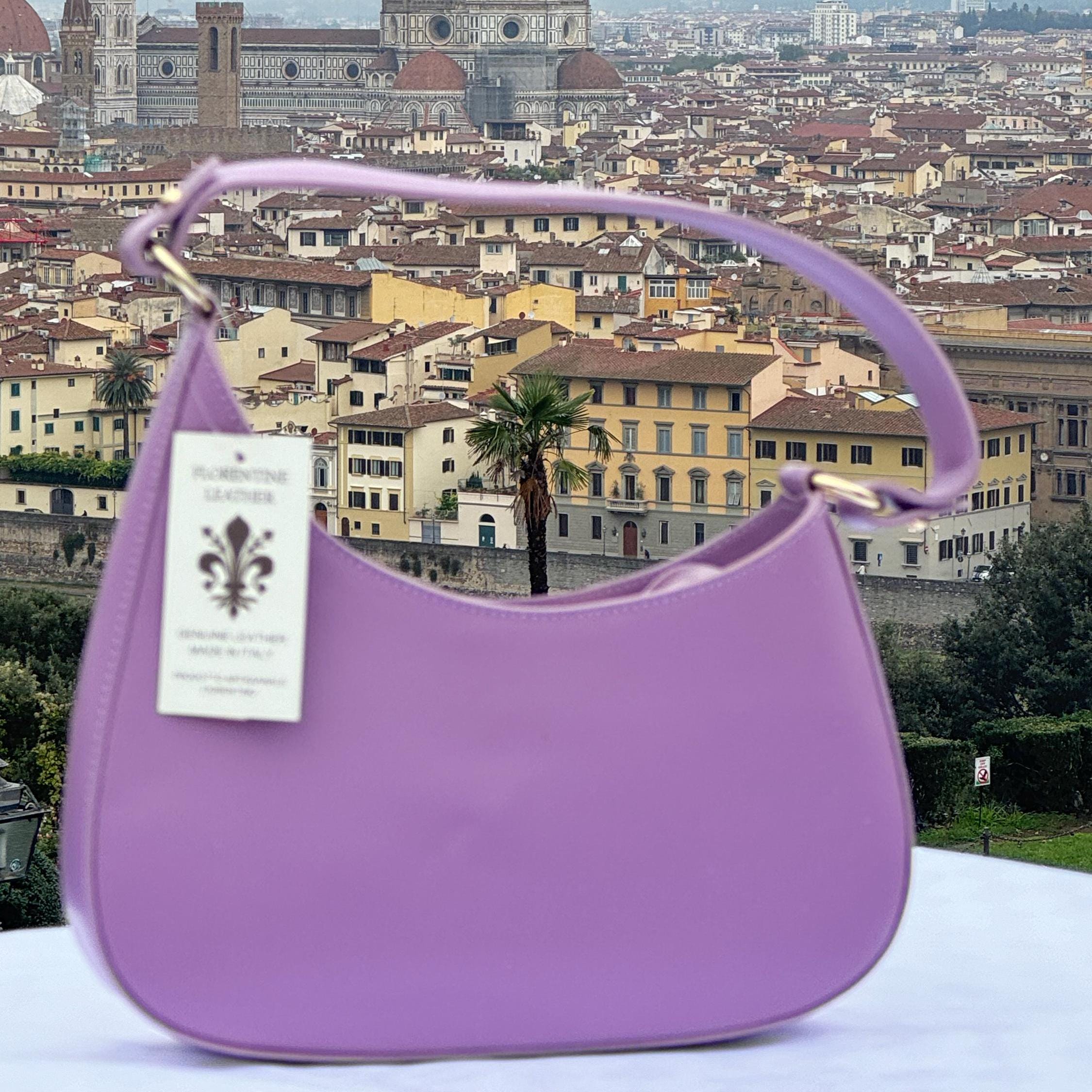 Italian Handmade Leather Bags For Women | Elegant Crescent Shoulder Bag From Florence | Purple Bag | Made in Italy