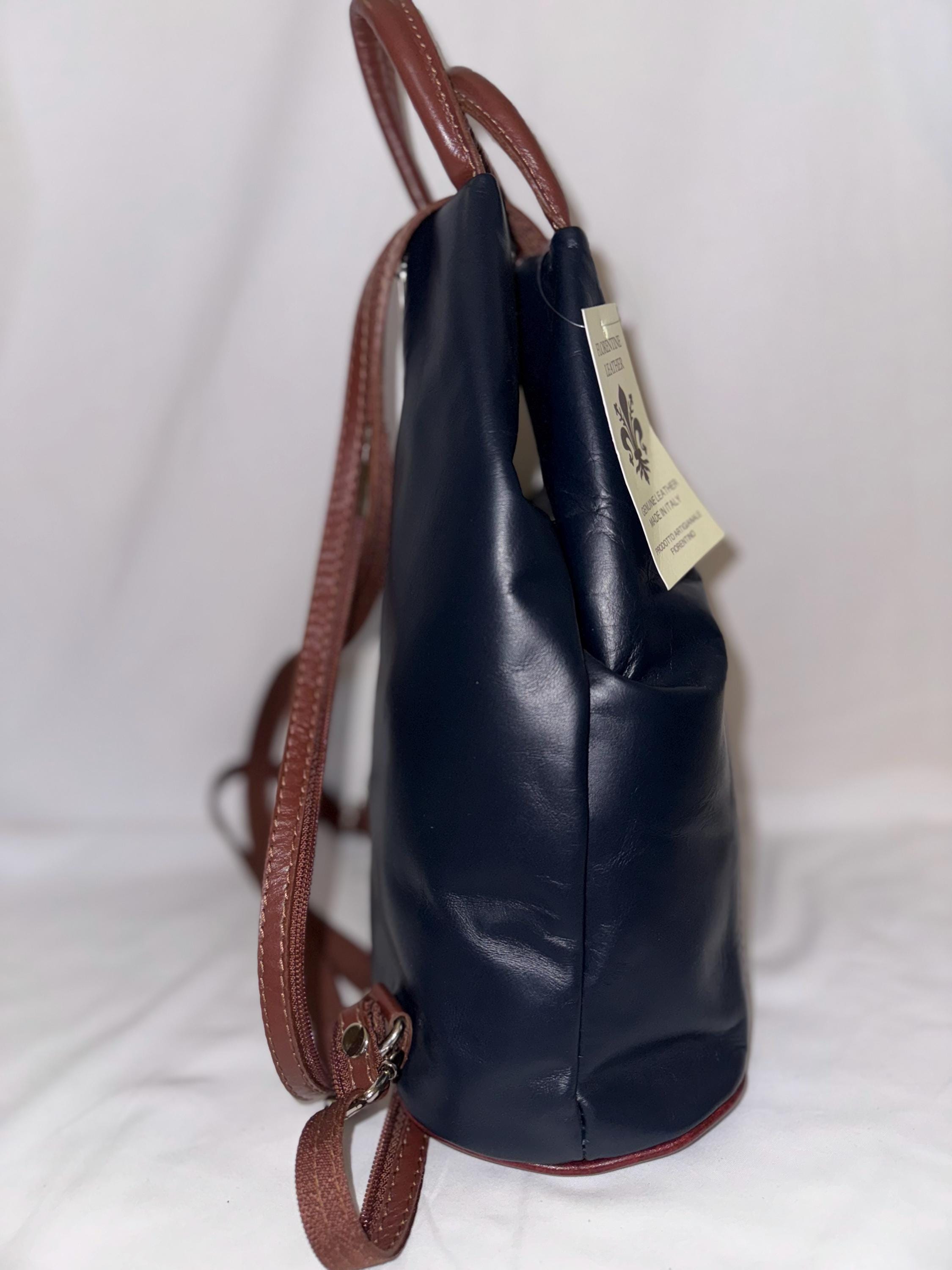 Italian Handmade Backpack For Women | Lightweight Navy and Brown Leather Bag | Soft and Versatile | Made in Italy