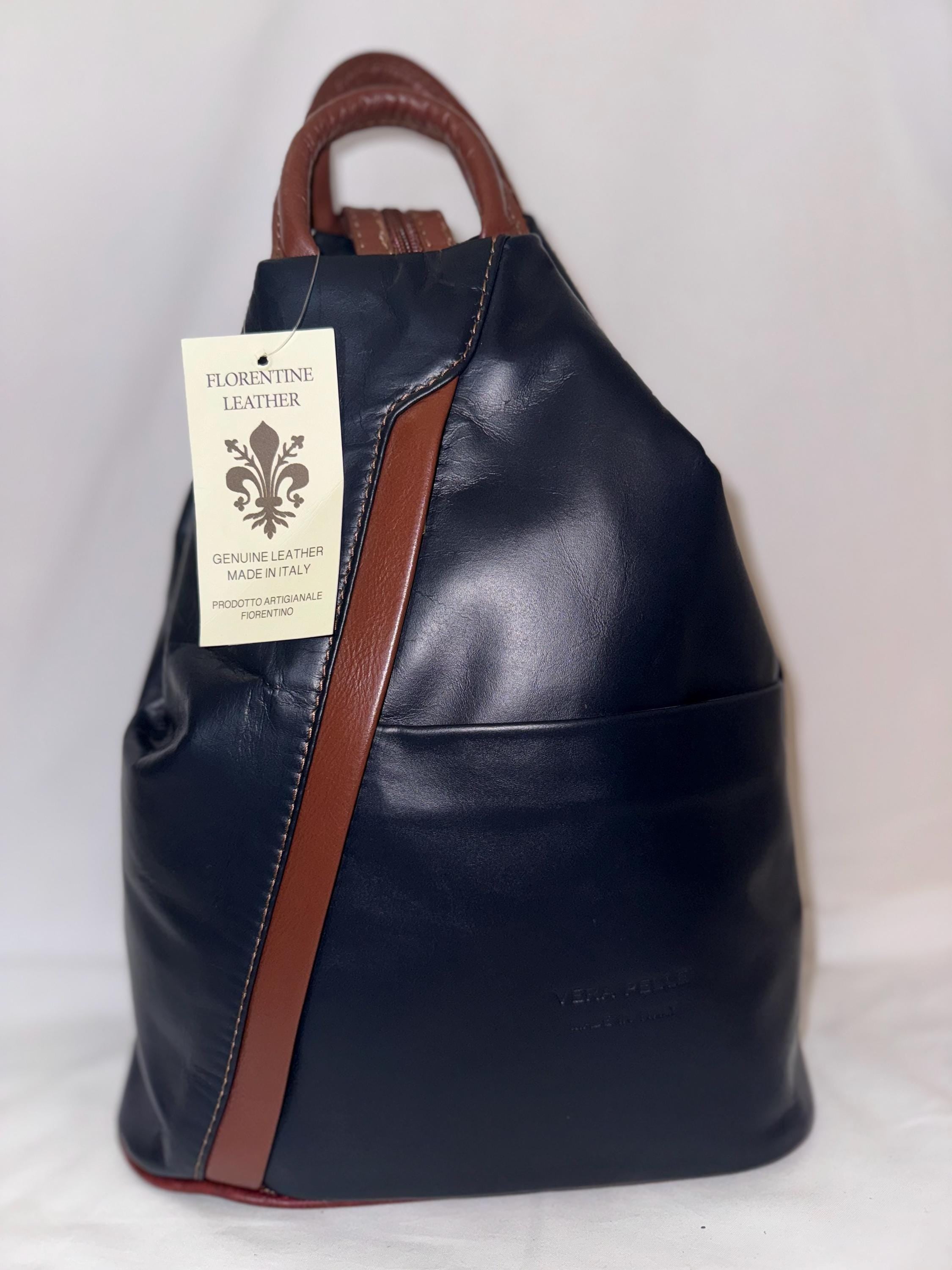 Italian Handmade Backpack For Women | Lightweight Navy and Brown Leather Bag | Soft and Versatile | Made in Italy