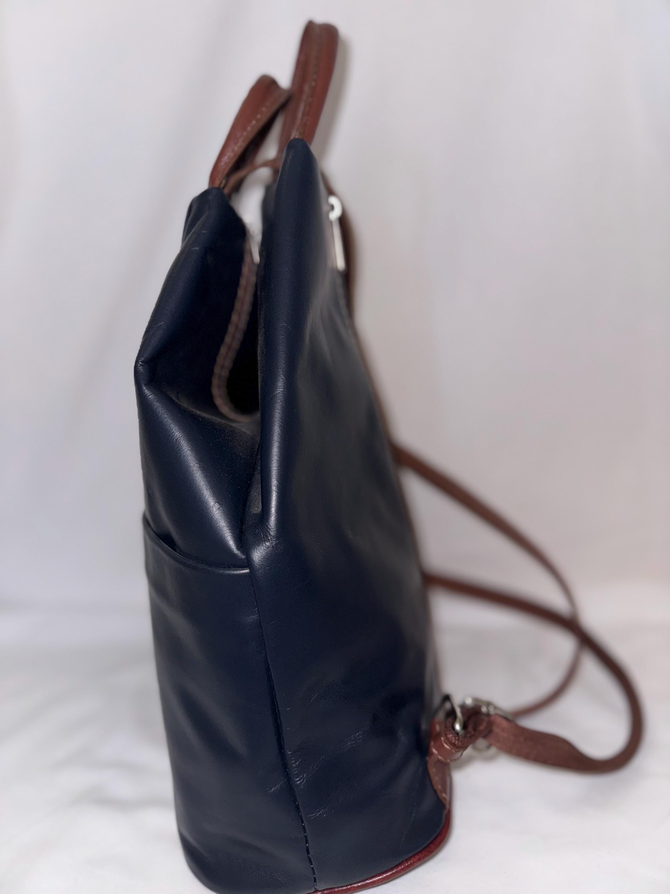 Italian Handmade Backpack For Women | Lightweight Navy and Brown Leather Bag | Soft and Versatile | Made in Italy