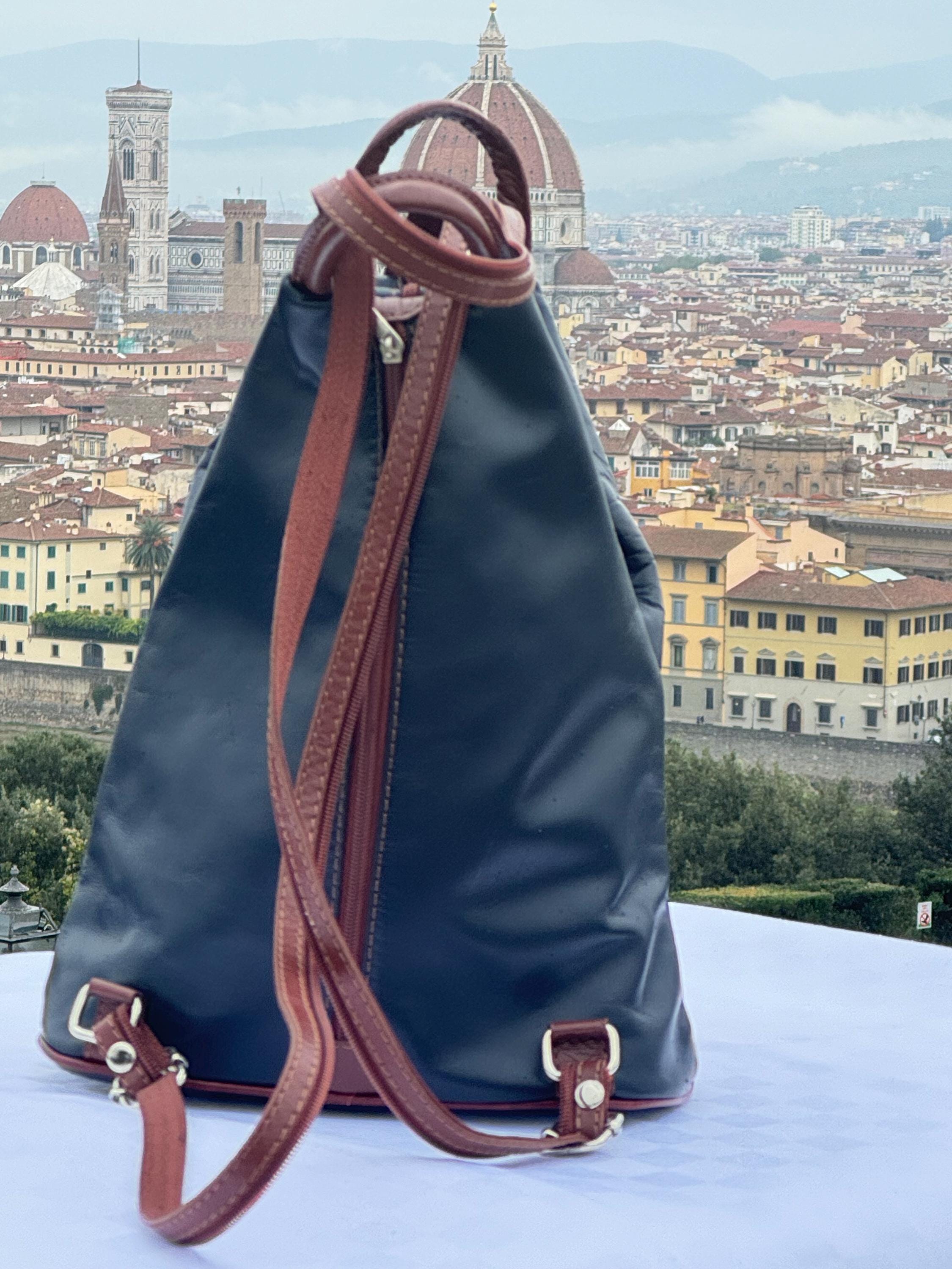 Italian Handmade Backpack For Women | Lightweight Navy and Brown Leather Bag | Soft and Versatile | Made in Italy